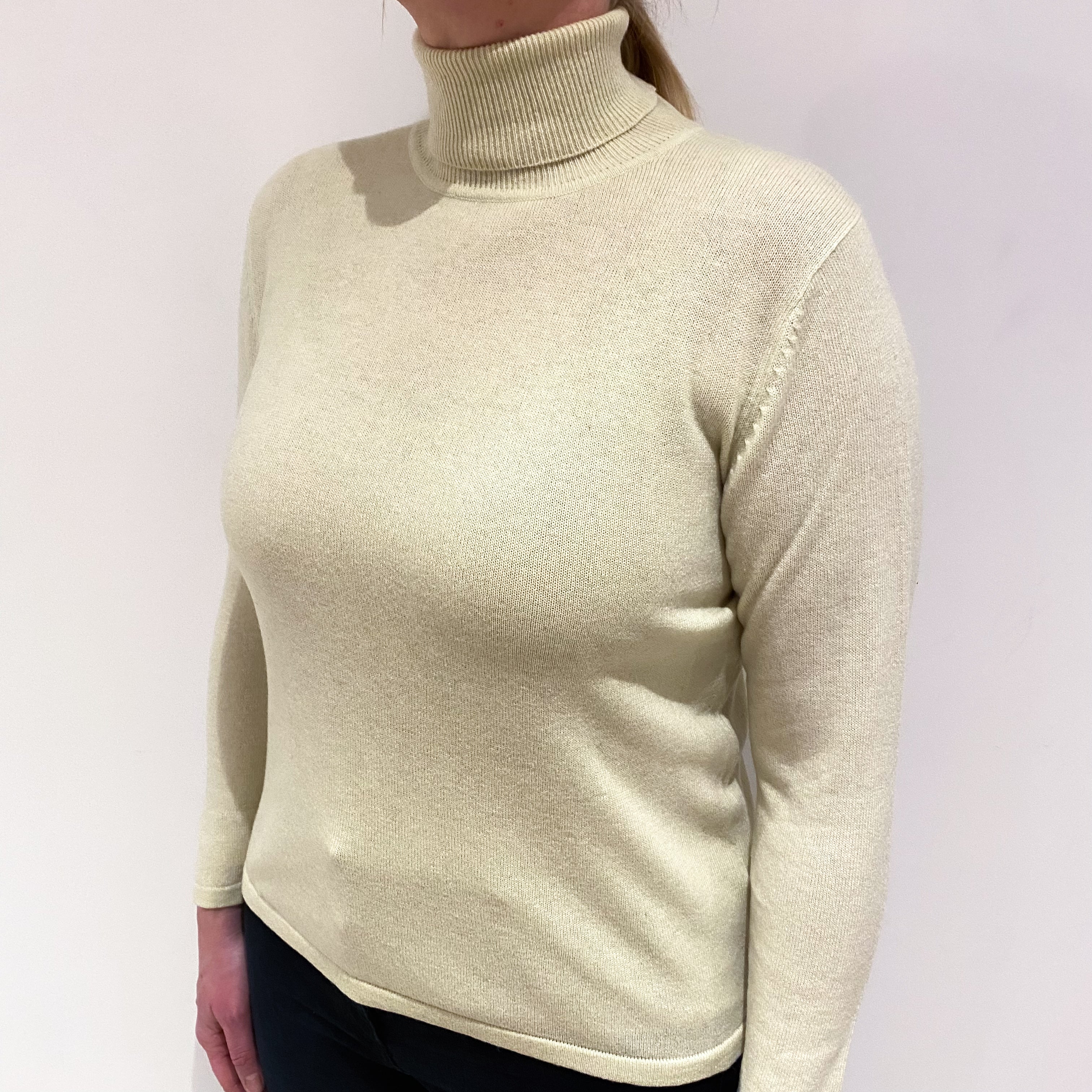 Pale Pistachio Green Cashmere Polo Neck Jumper Large