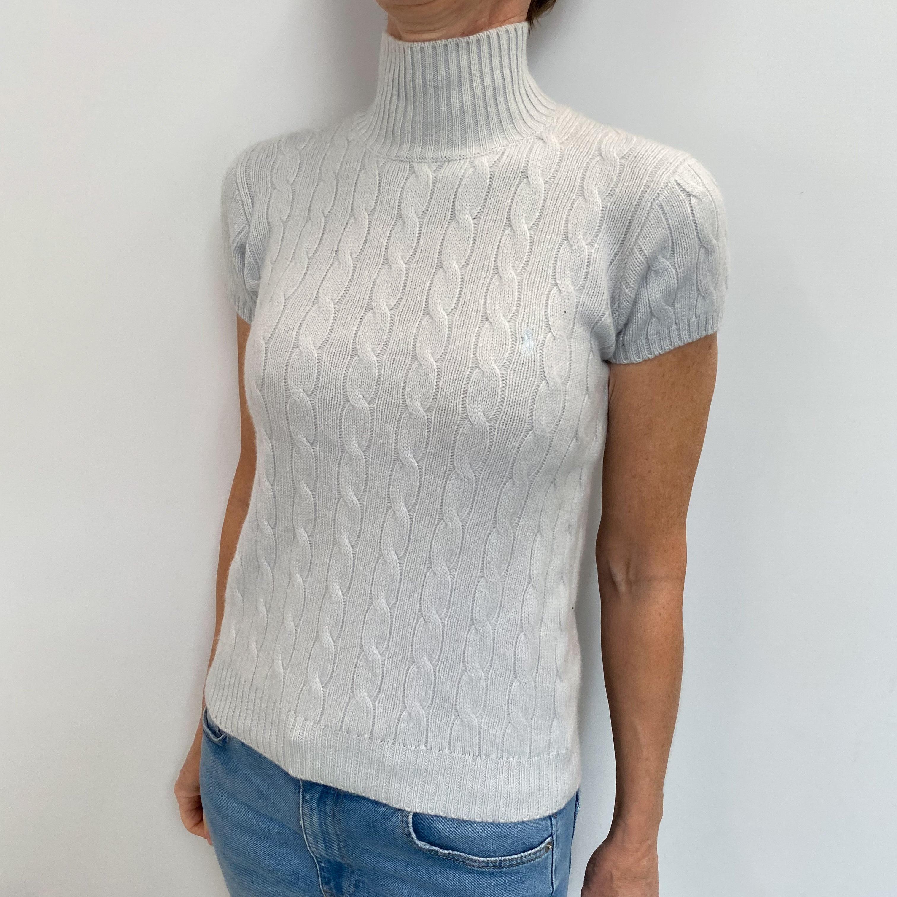 Ice Blue Cashmere Short Sleeved Cable Turtle Neck Jumper Small