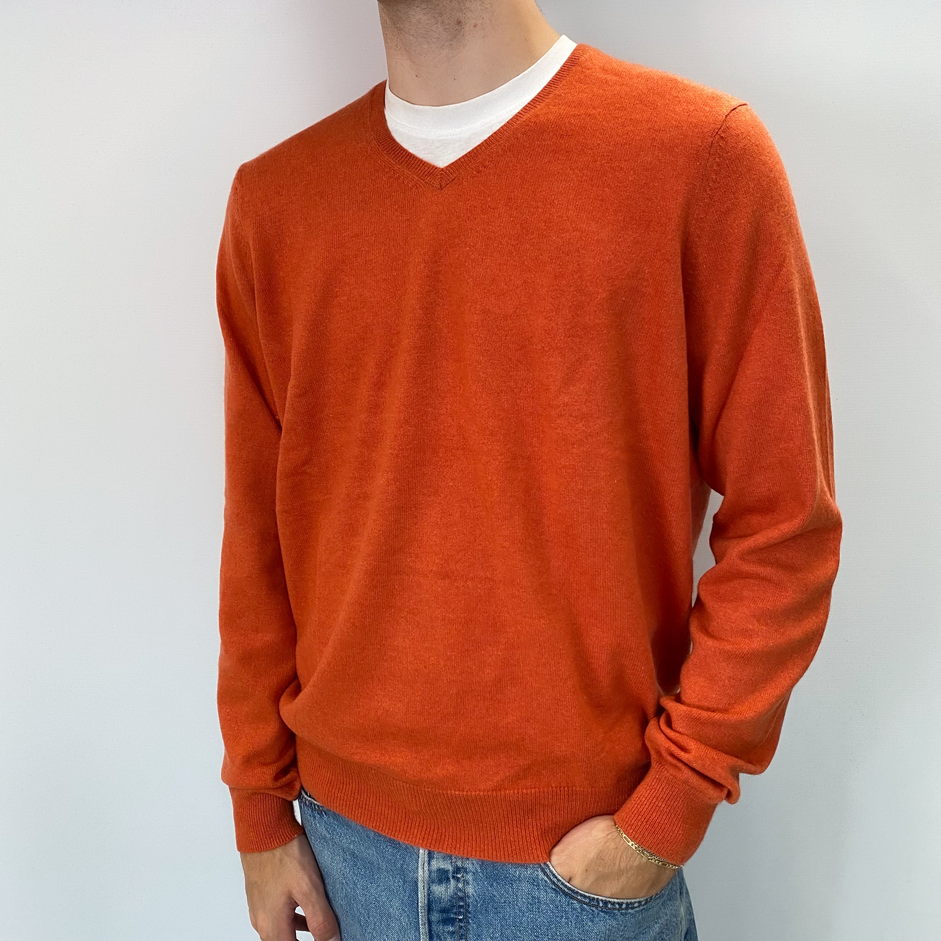 Men's Pumpkin Orange Cashmere V Neck Jumper Large