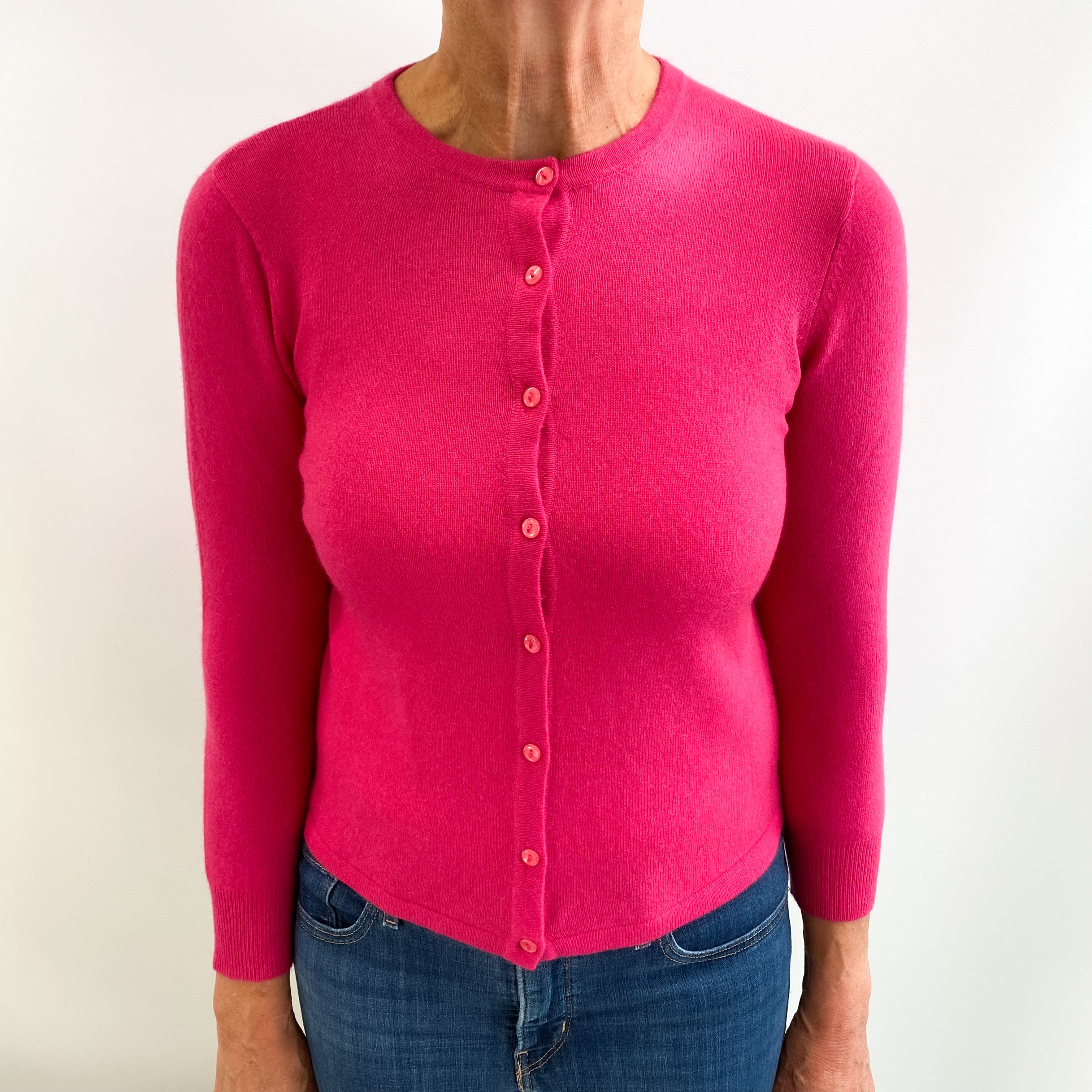 Hot Pink Cashmere Crew Neck 3/4 Sleeve Cardigan Medium