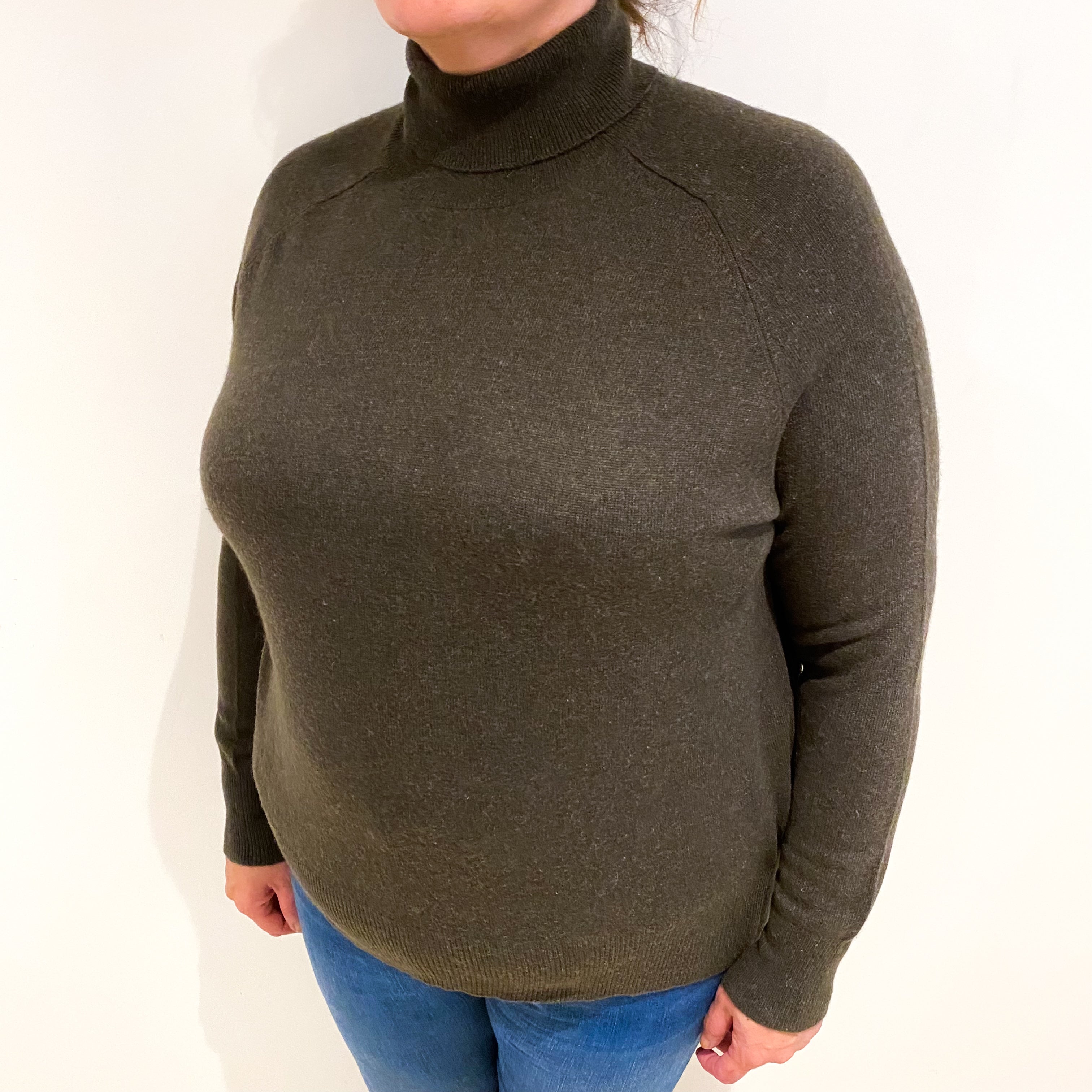 Deep Khaki Green Cashmere Polo Neck Jumper Extra Large