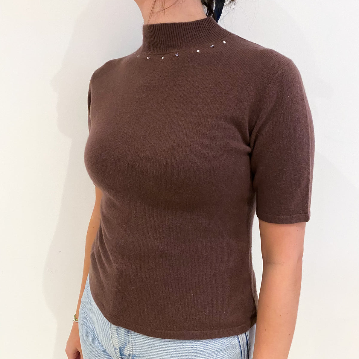 Russet Brown Embellished Cashmere Turtle Neck Short Sleeved Jumper Small