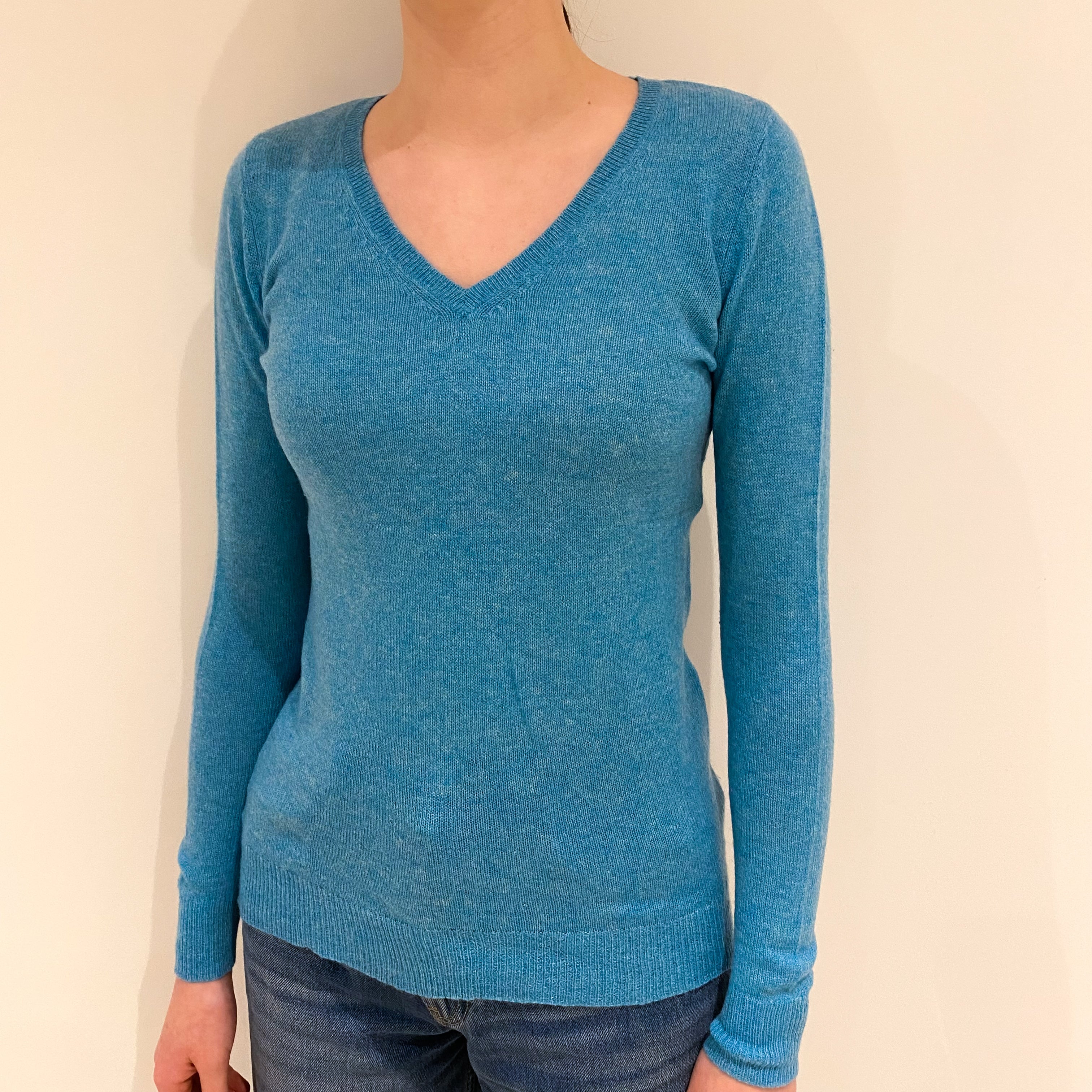 Aqua Blue Cashmere V Neck Jumper Extra Small