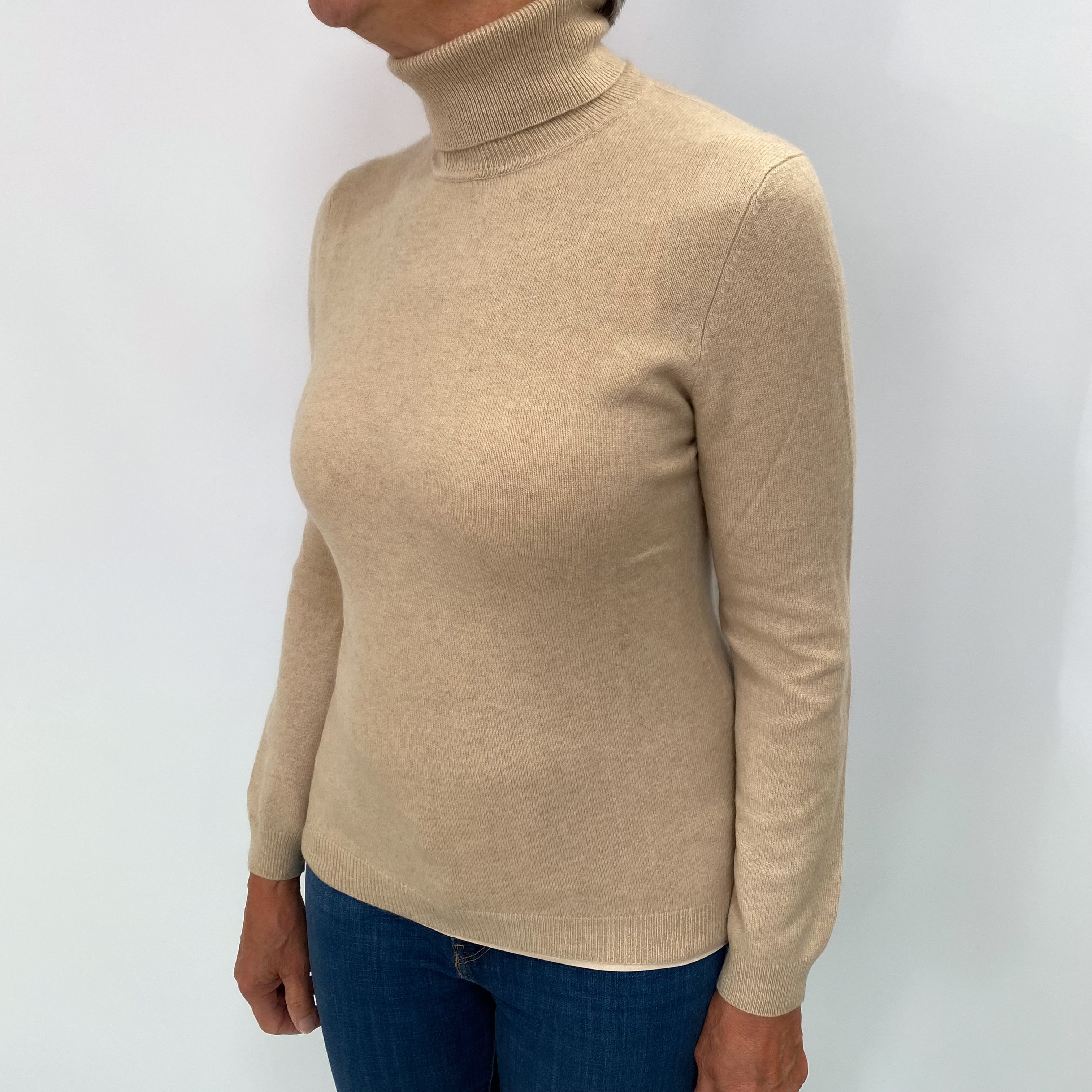 Buff Beige Cashmere Polo Neck Jumper Medium