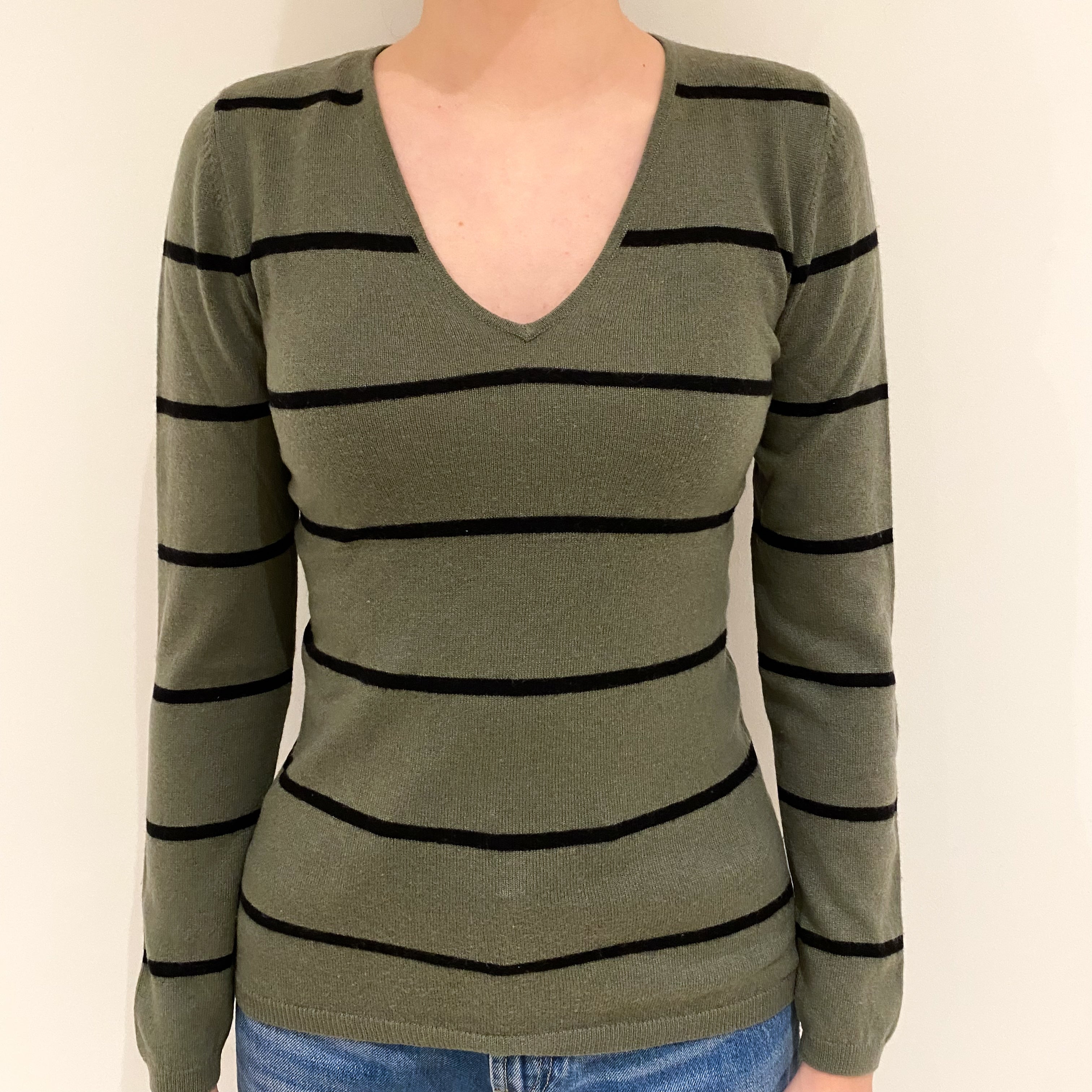 Khaki Green Black Stripe Cashmere V Neck Jumper Extra Small