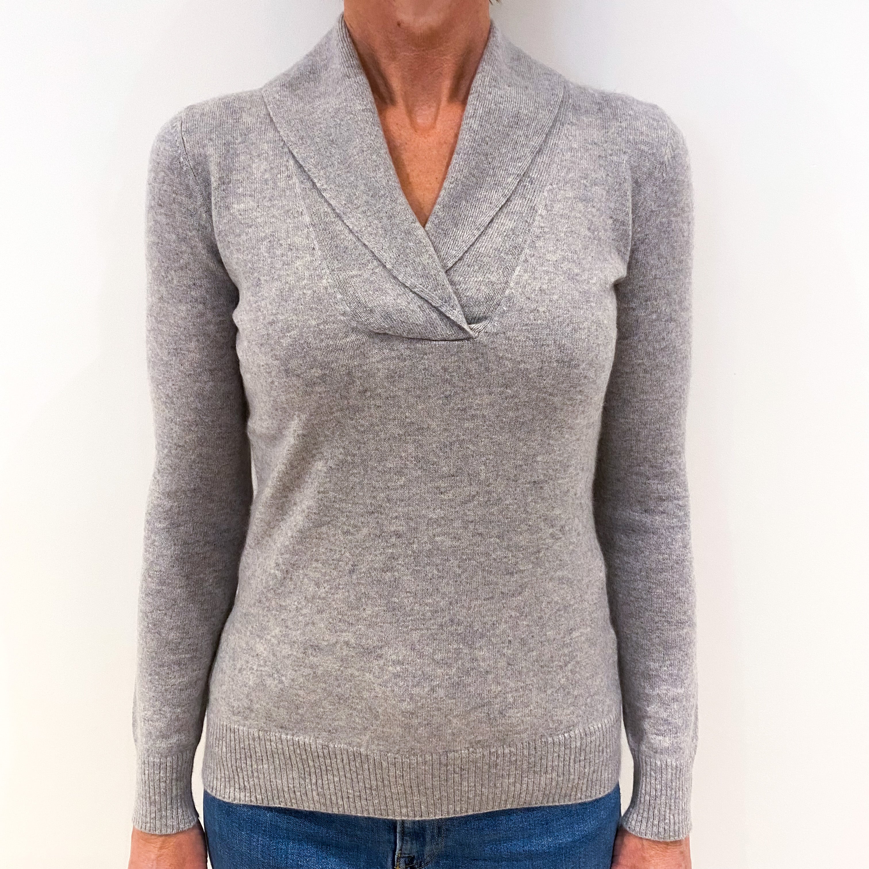 Smoke Grey Cashmere Shawl Collar V-Neck Jumper Small