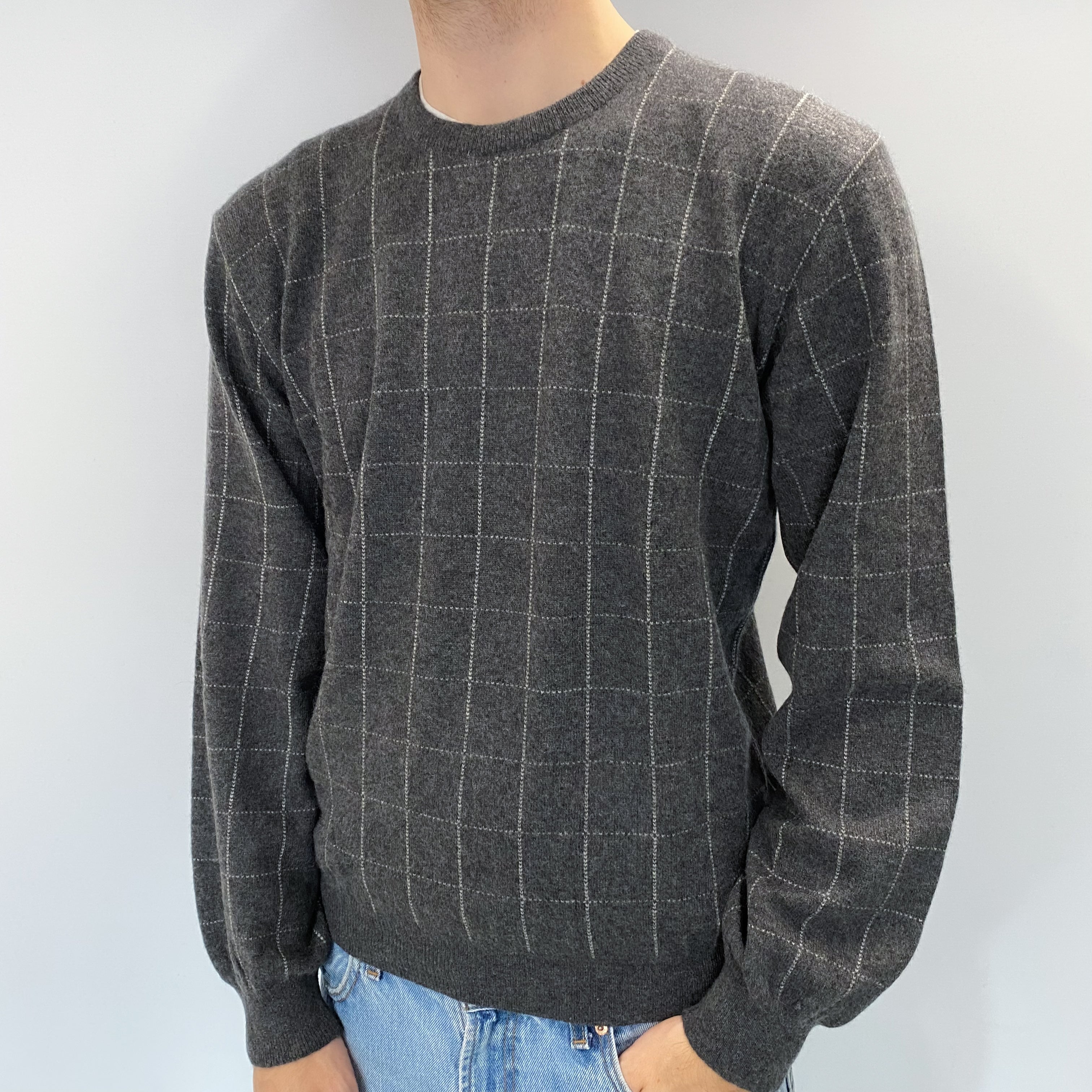 Men's Slate Grey Checked Cashmere Crew Neck Jumper Medium