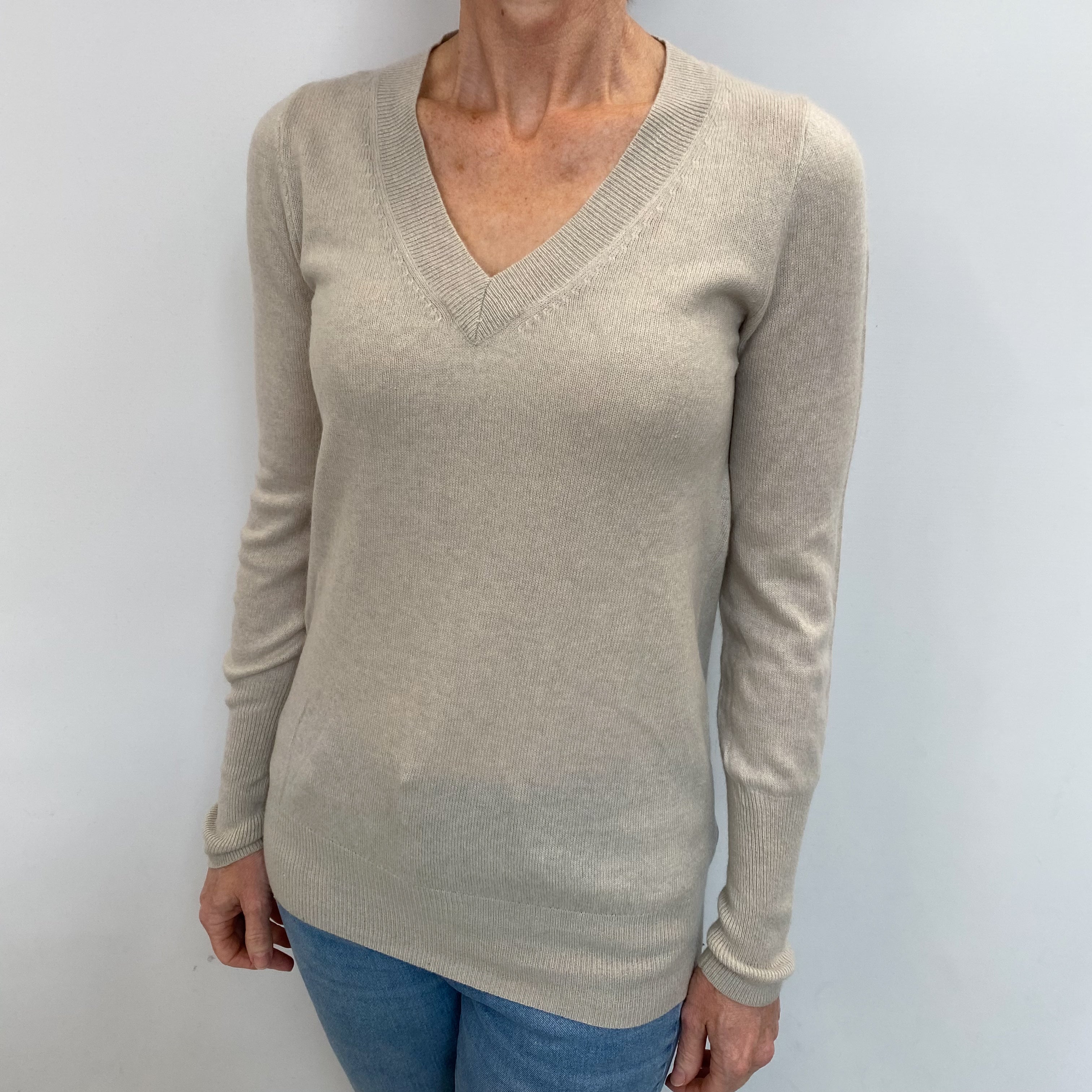 Dove Grey Cashmere V Neck Jumper Small