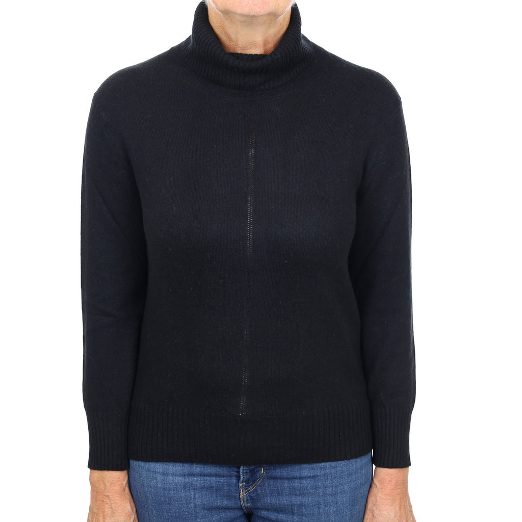 Black Seam Detail Cashmere Polo Neck Jumper Medium