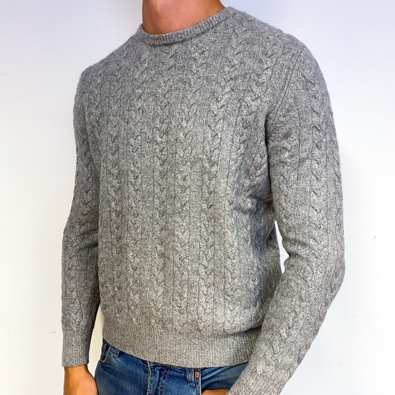 Men's Smoke Grey Cable Knit Cashmere Crew Neck Jumper Extra Large