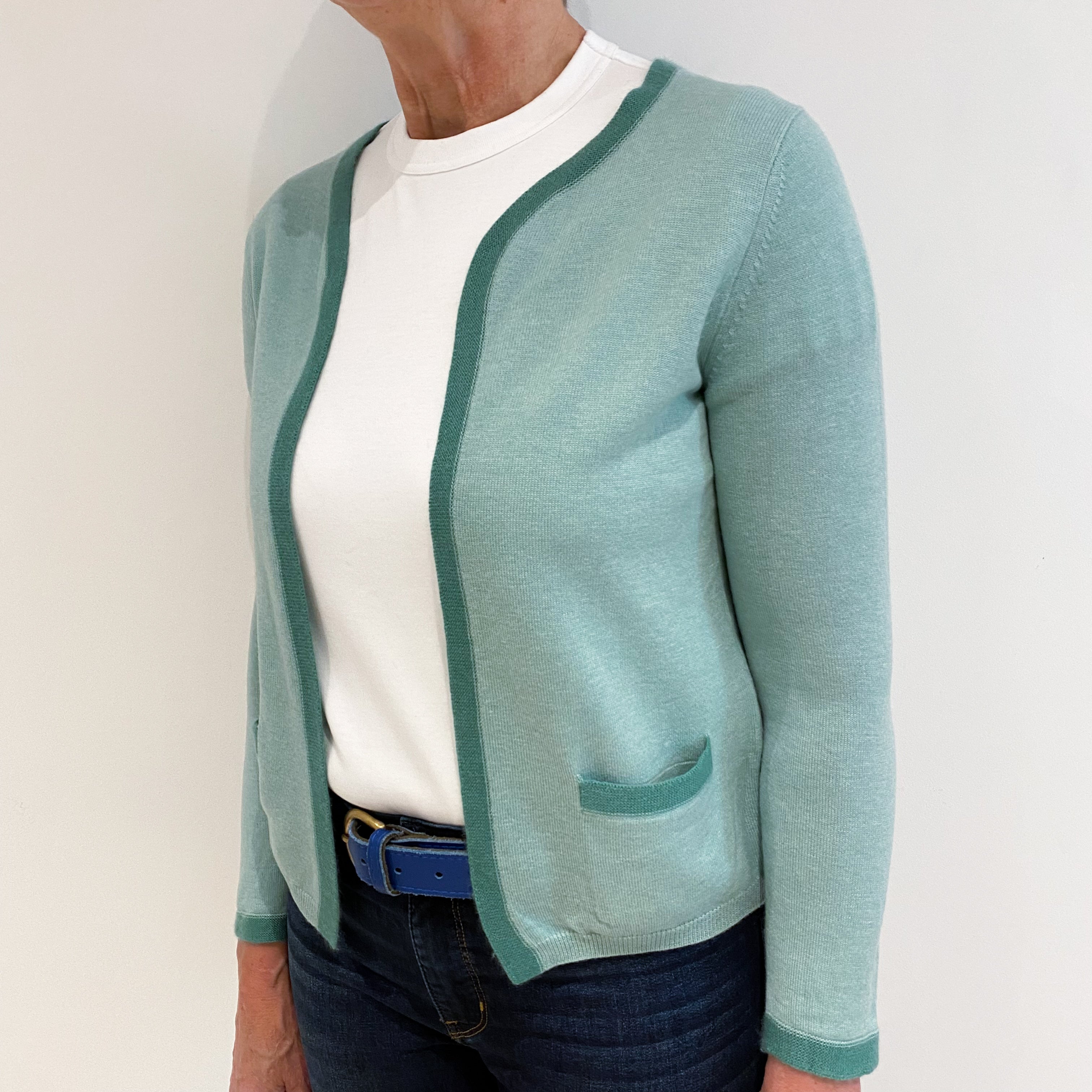 Deep Mint Green Cashmere Edge to Edge Cardigan with Pockets Medium