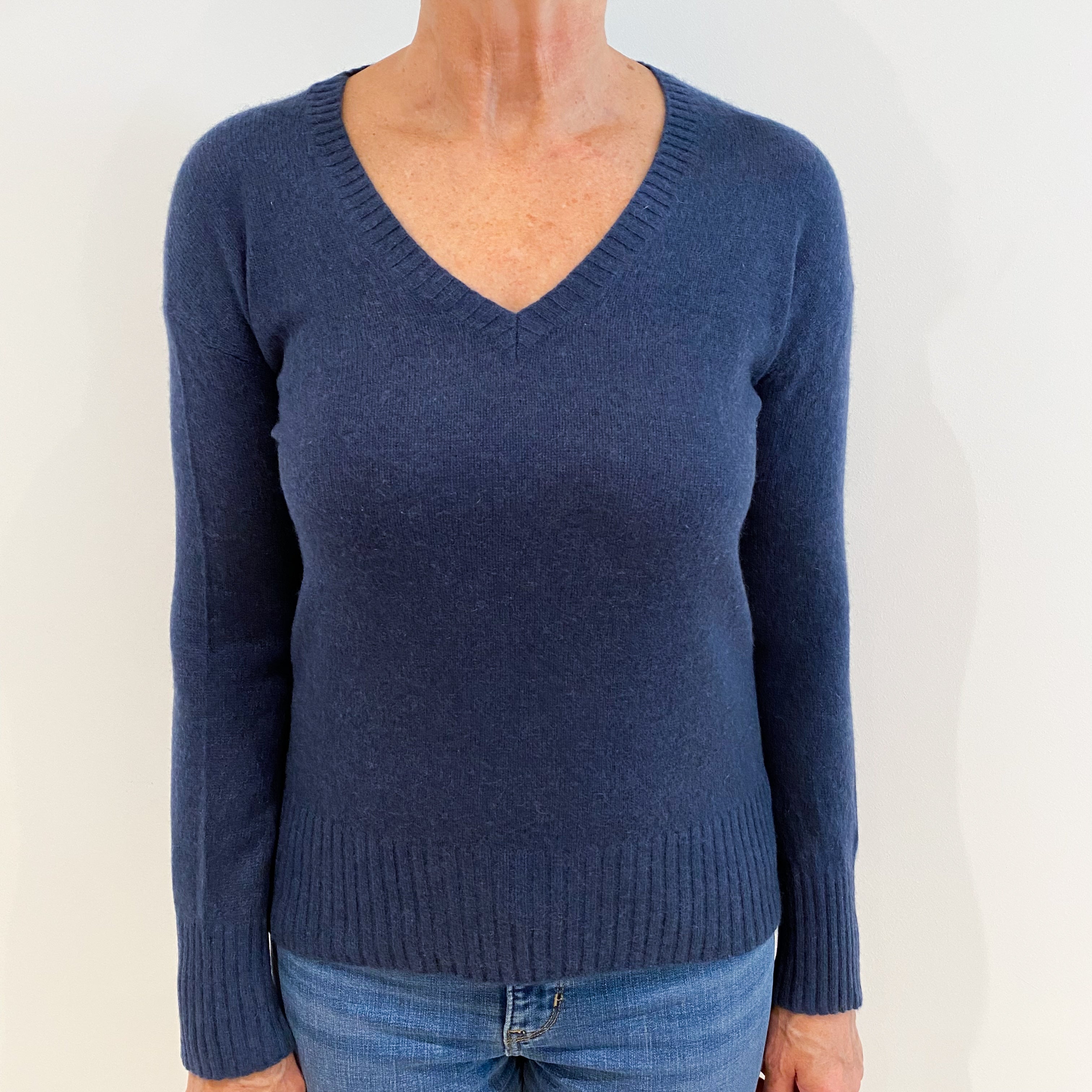 Denim Blue Cashmere V-Neck Jumper Medium
