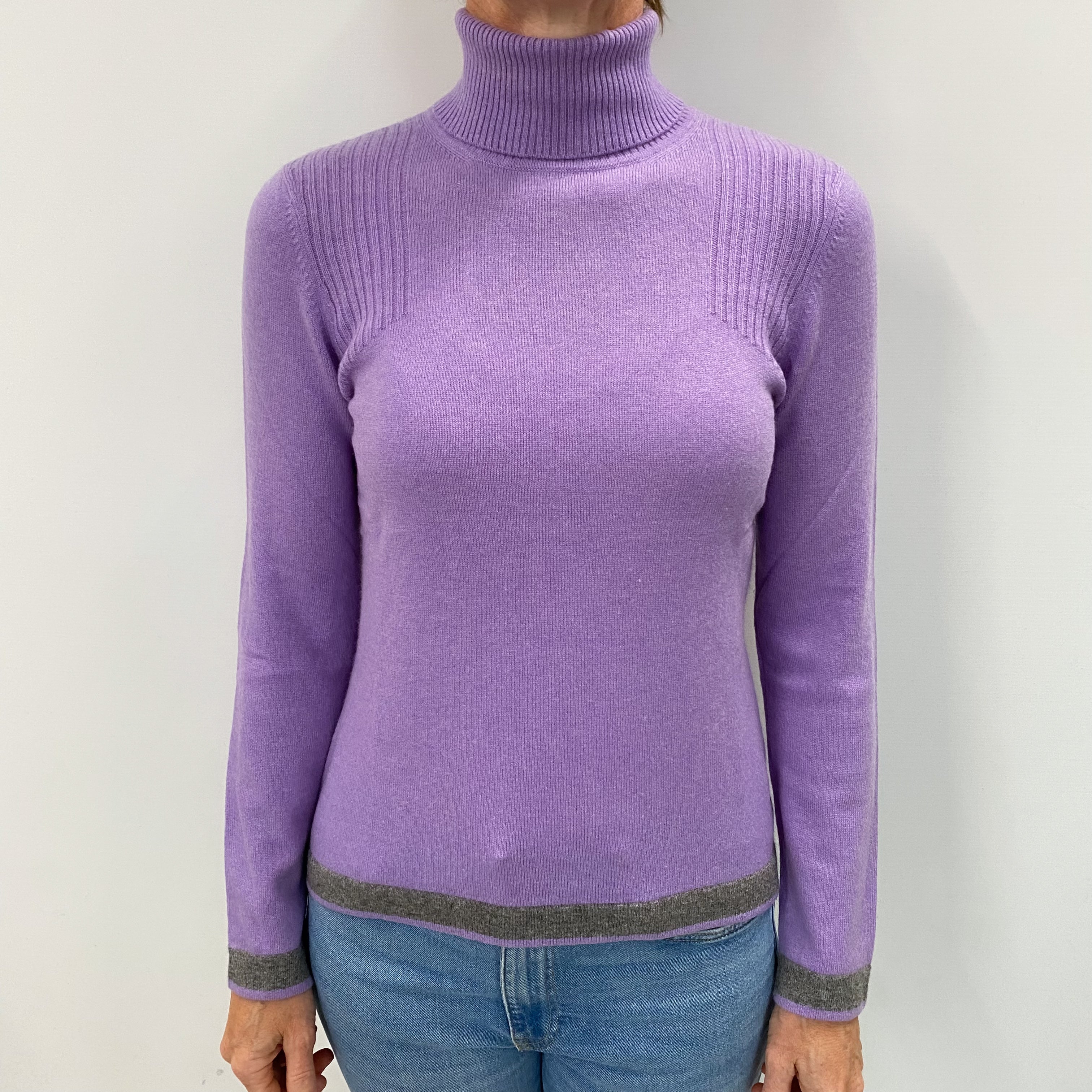 Lavender Purple Grey Trim Cashmere Polo Neck Jumper Small