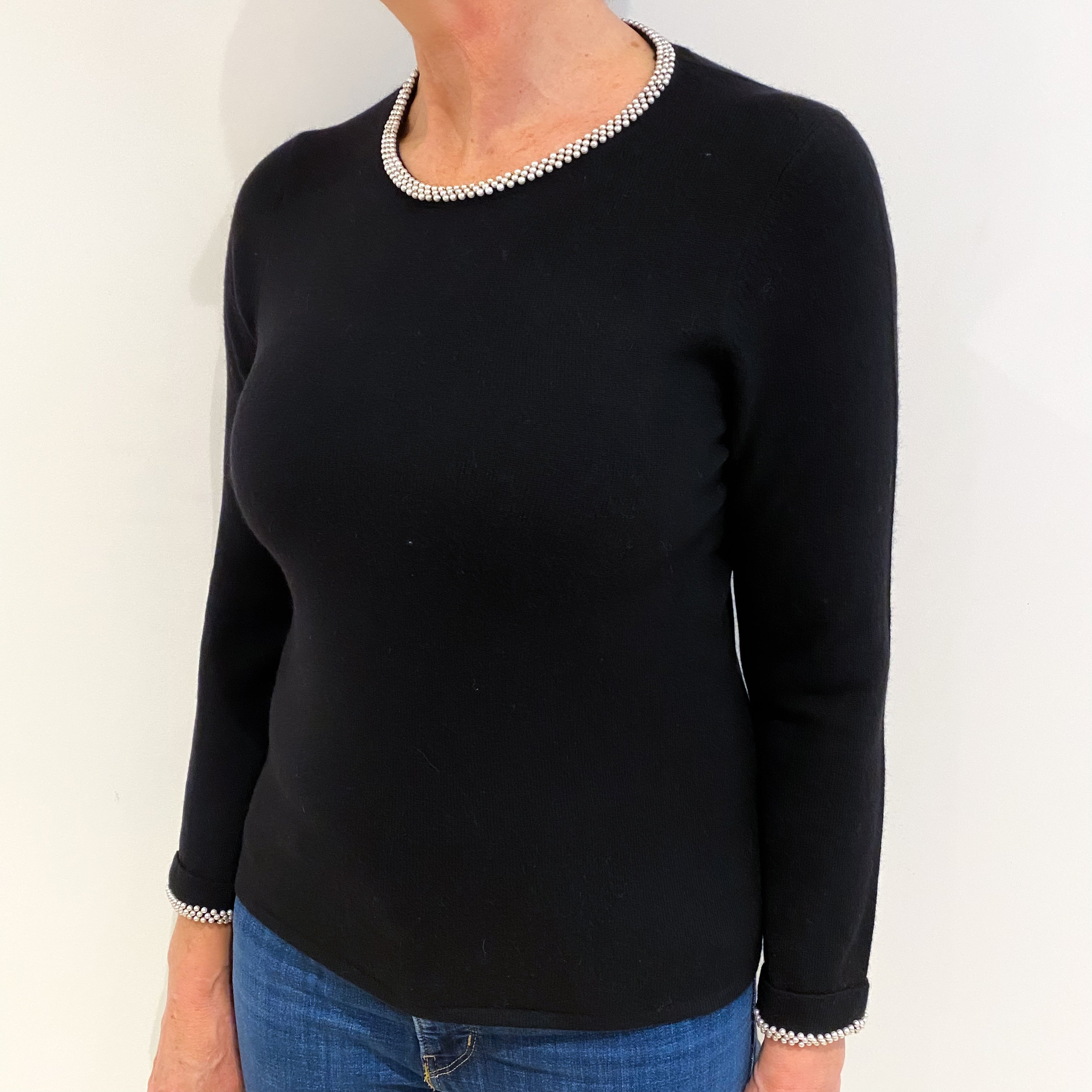 Black With Pearl Trim Cashmere Crew Neck Jumper Medium