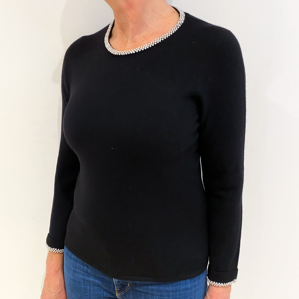 Black With Pearl Trim Cashmere Crew Neck Jumper Medium