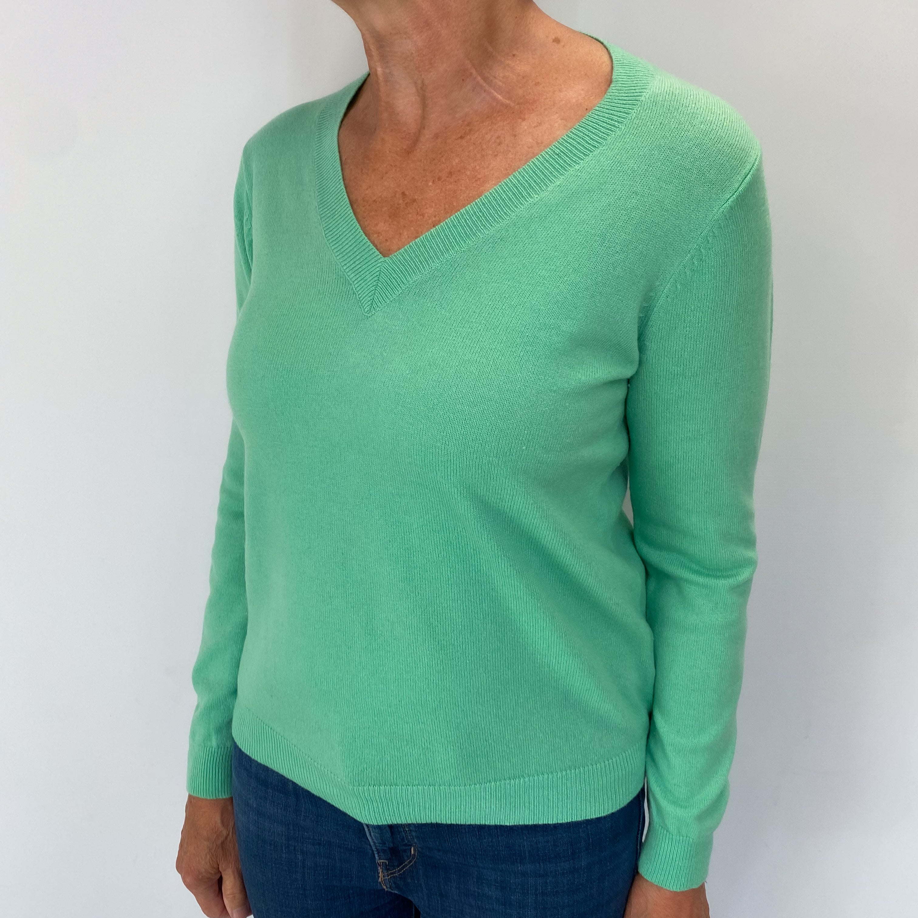 Deep Mint Green Cashmere V Neck Jumper Medium
