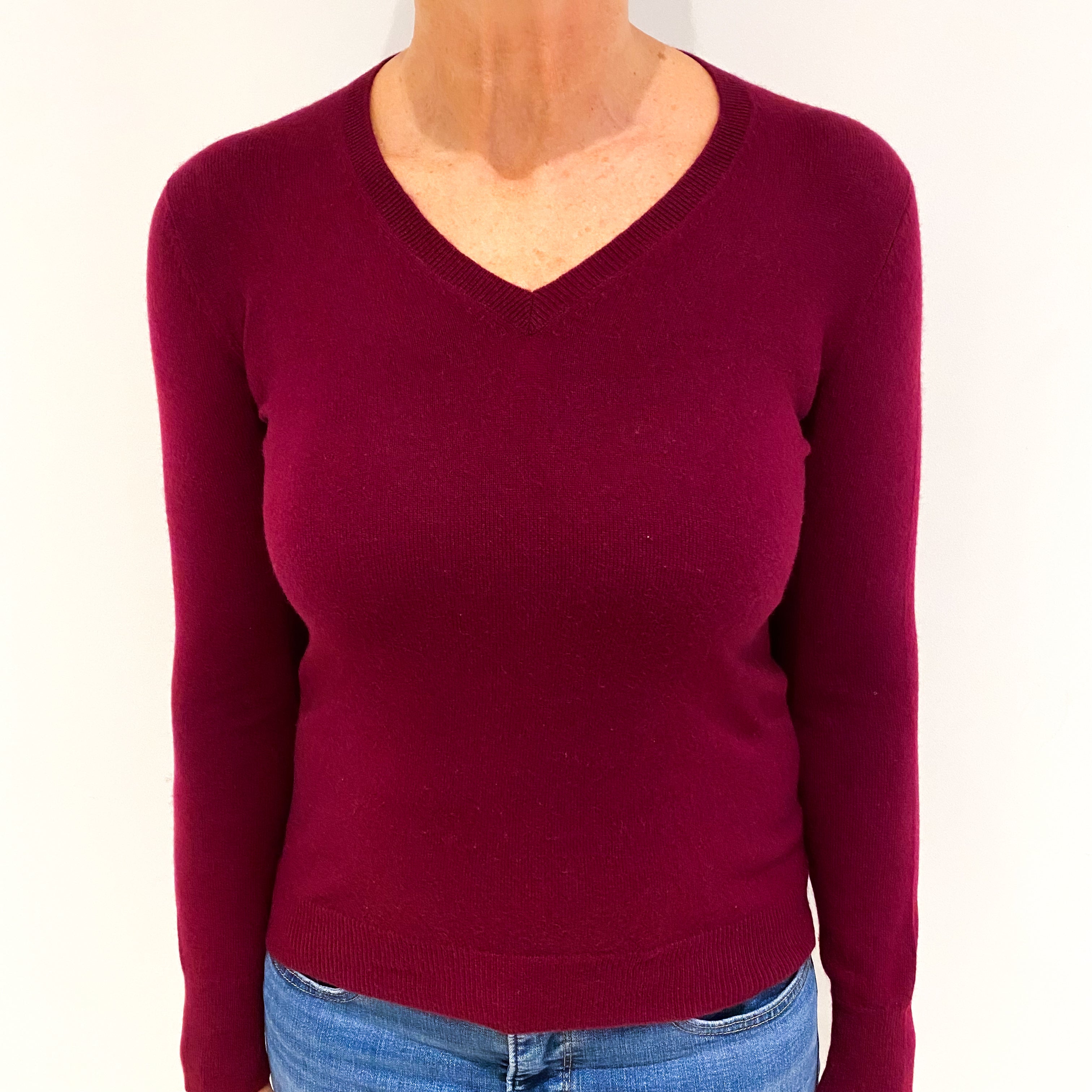 Claret Red Cashmere V Neck Jumper Medium