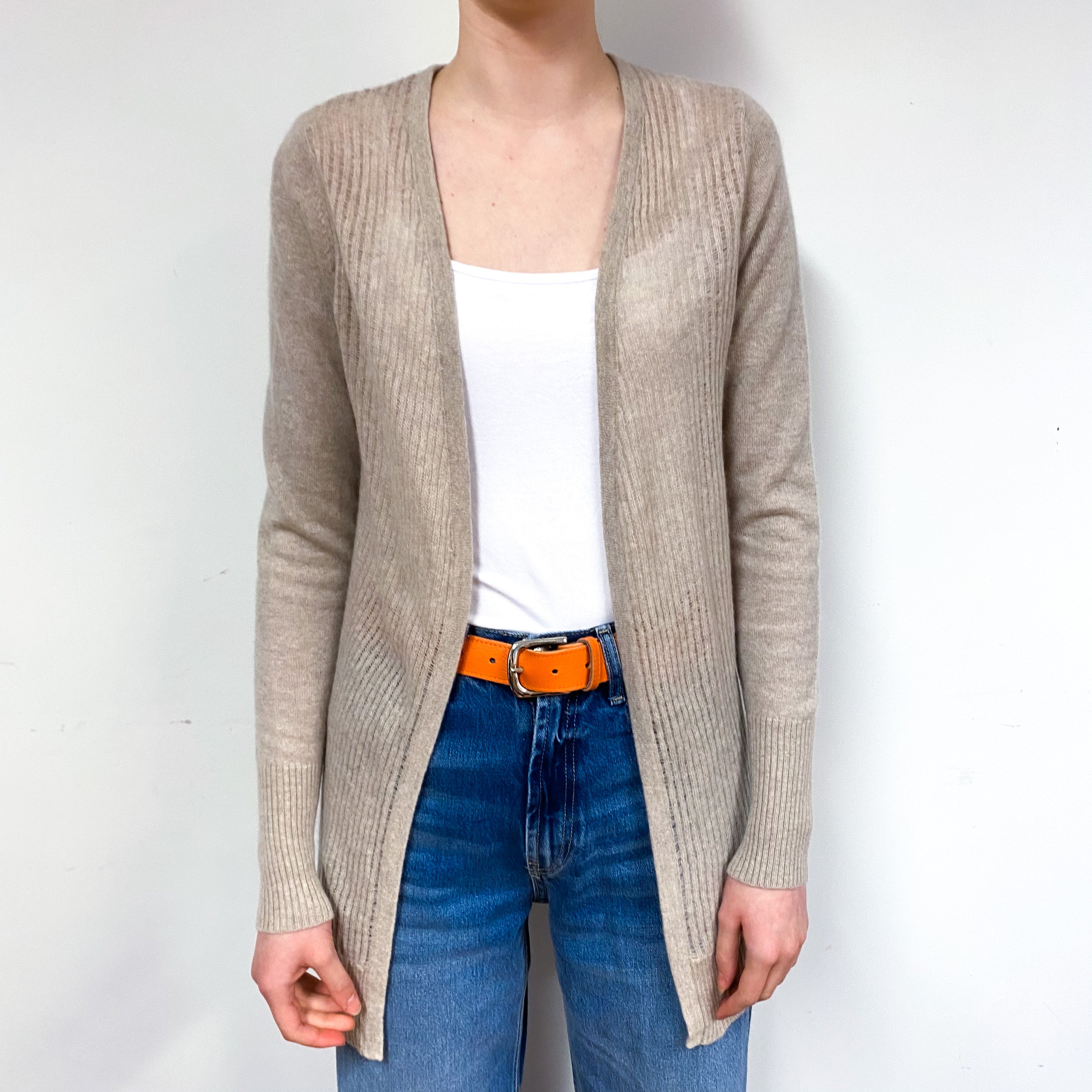 Fawn Brown Lace Knit Cashmere Edge to Edge Cardigan Extra Small