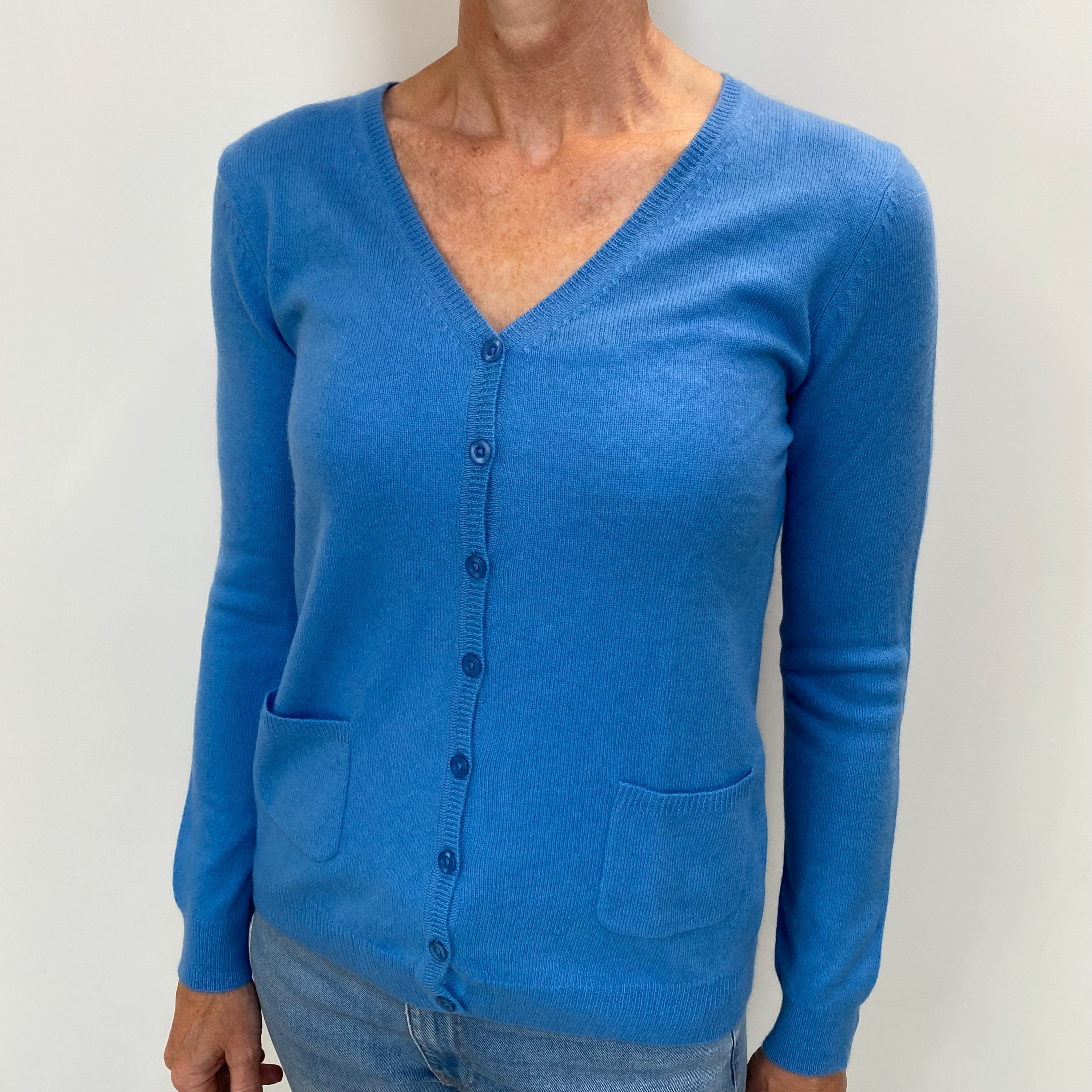 Cornflower Blue Cashmere V Neck Cardigan with Pockets Small