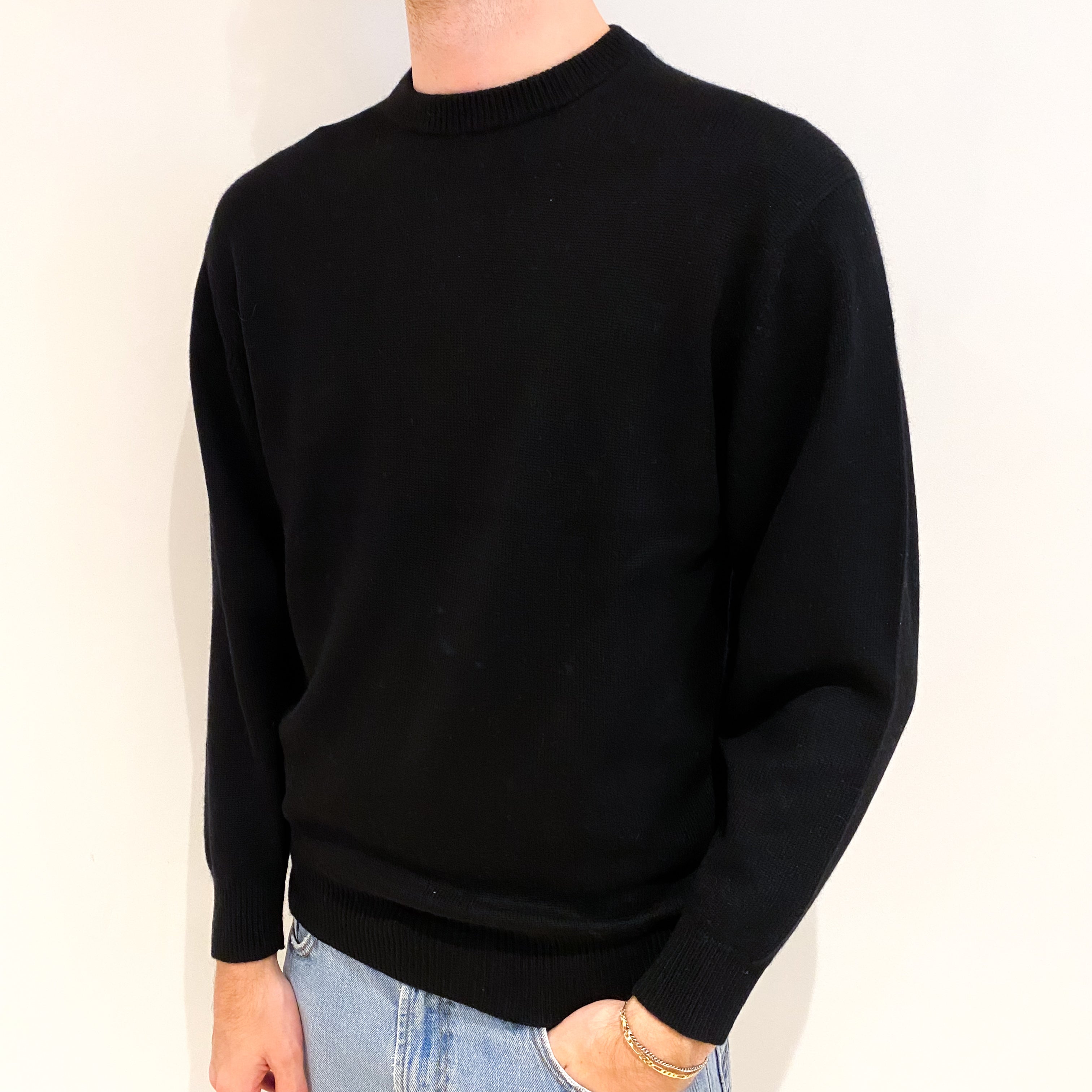 Men's Black Cashmere Crew Neck Jumper Medium