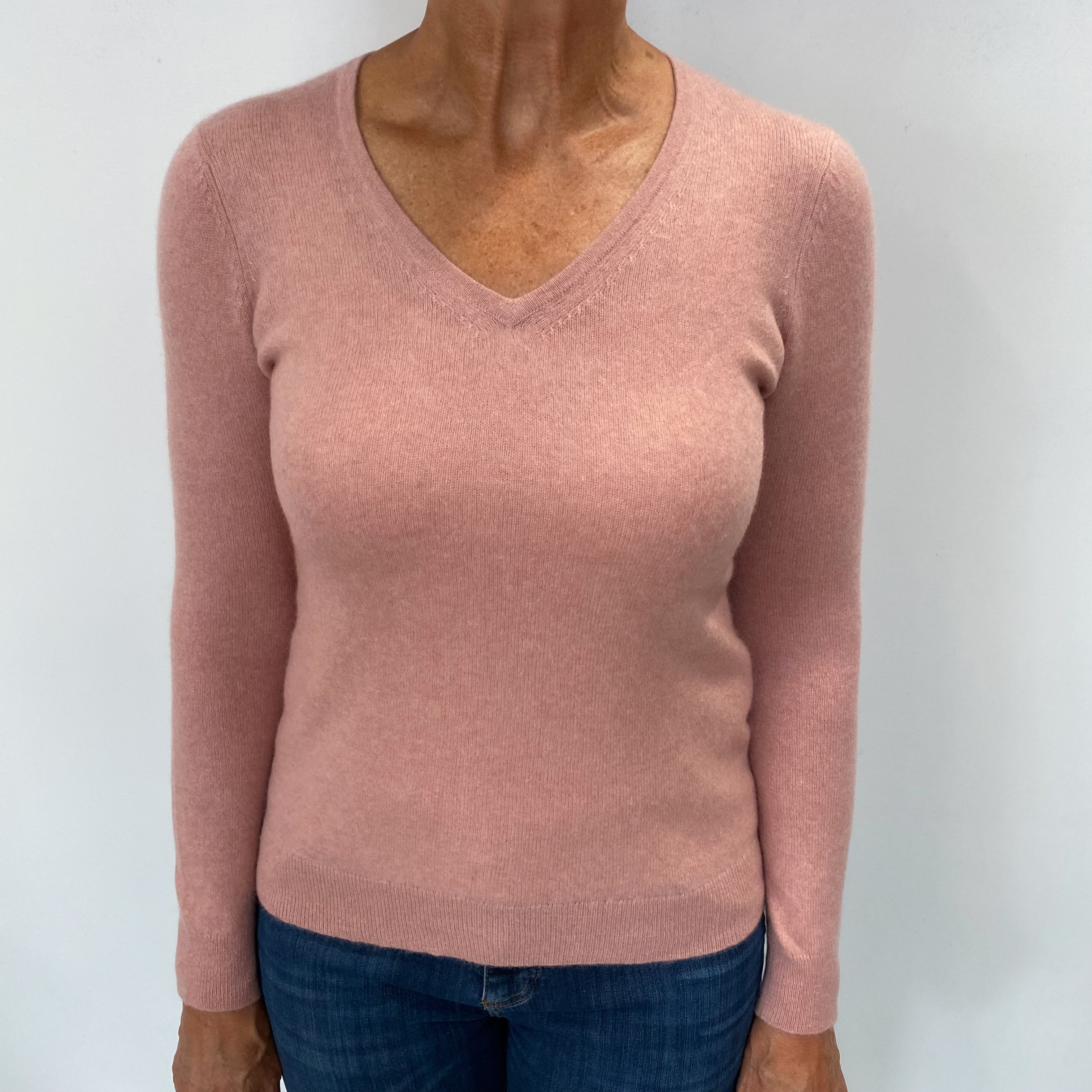 Dusky Pink Cashmere V Neck Jumper Medium