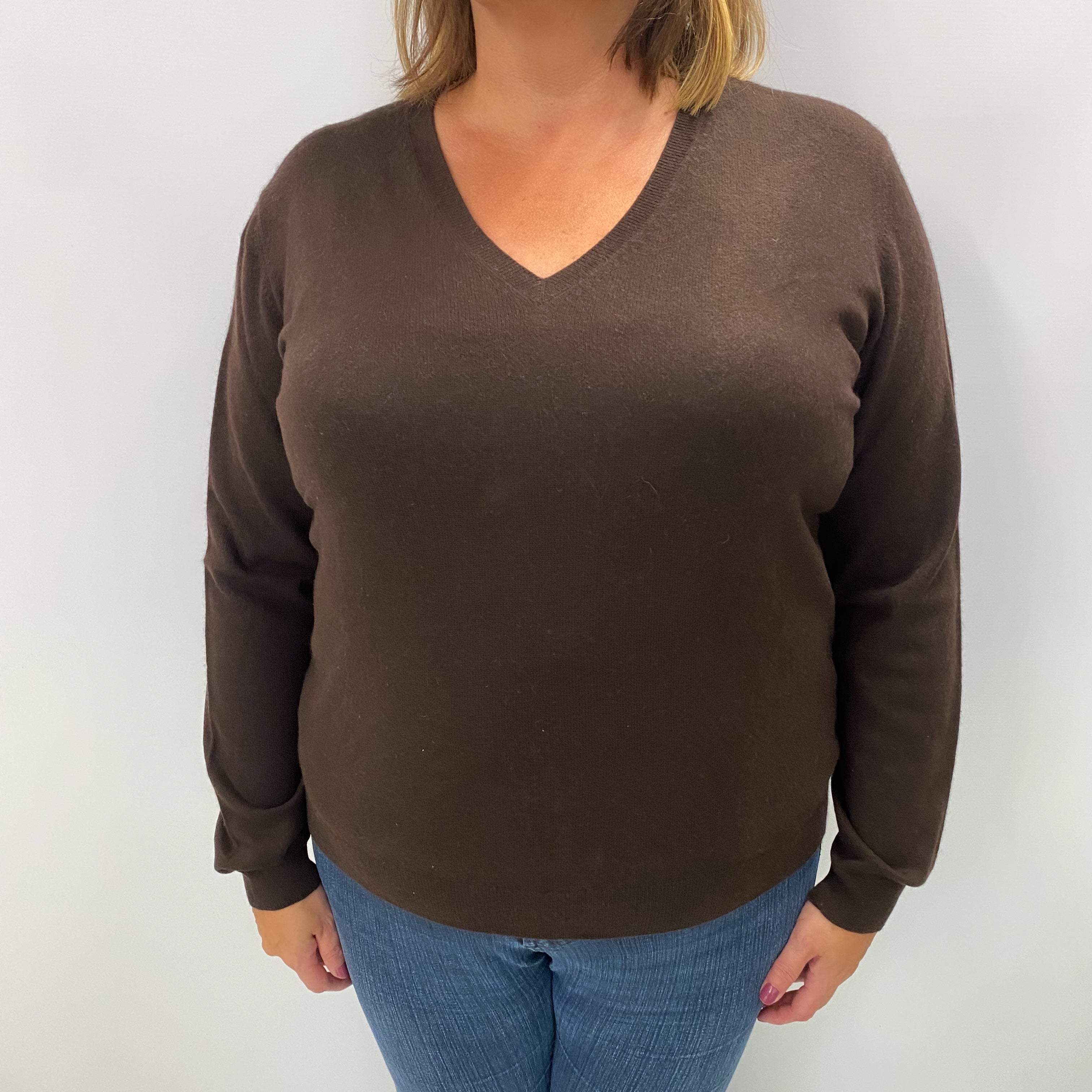 Peppercorn Brown Cashmere V Neck Jumper Extra Large
