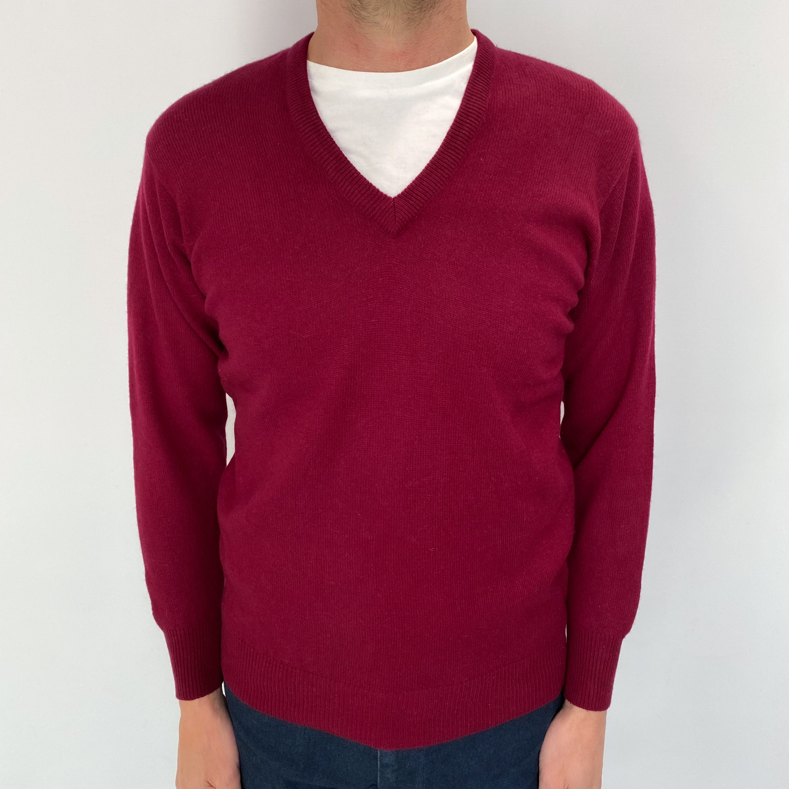 Men's Burgundy Red Cashmere V Neck Jumper Small