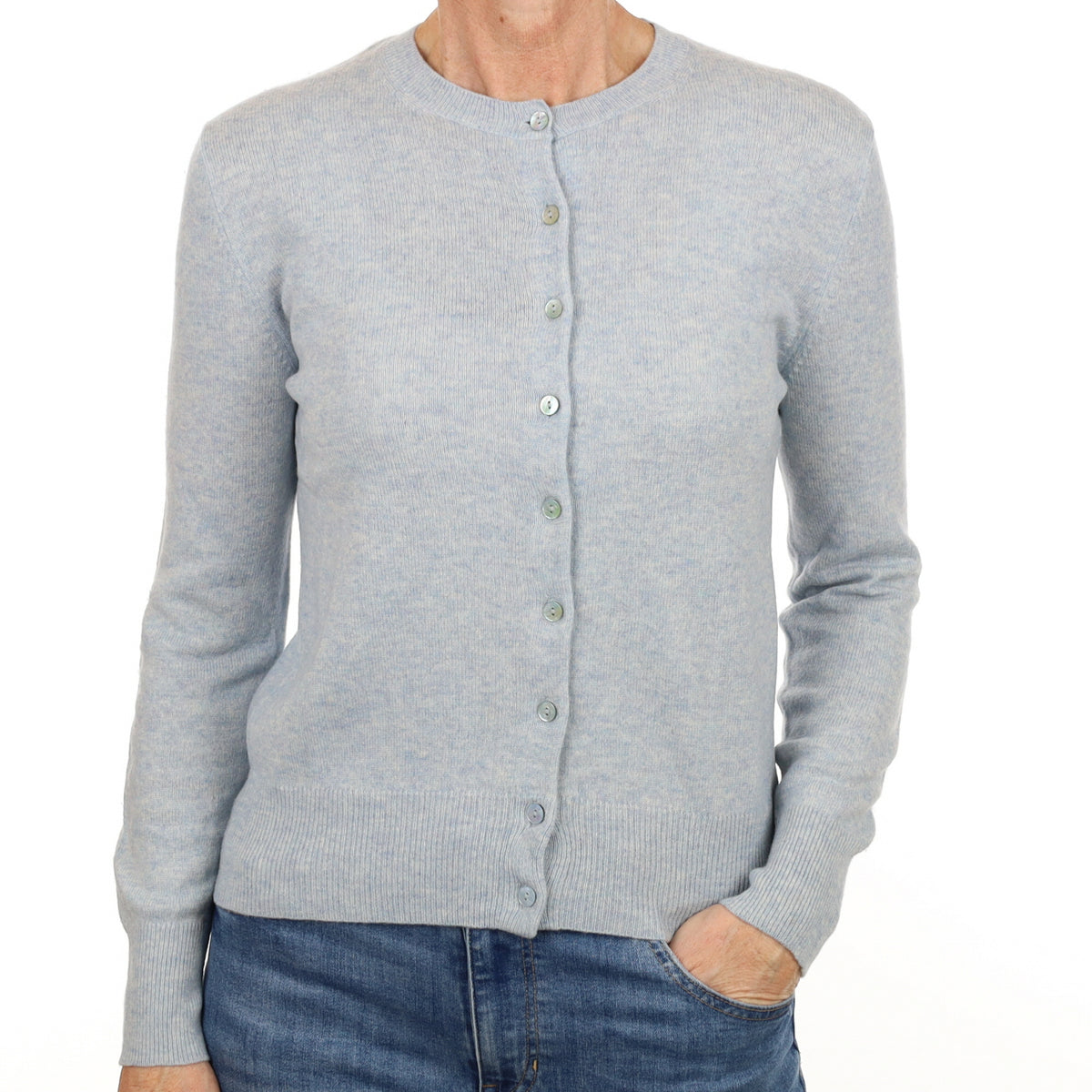 Opal Blue Marl Cashmere Crew Neck Cardigan Small