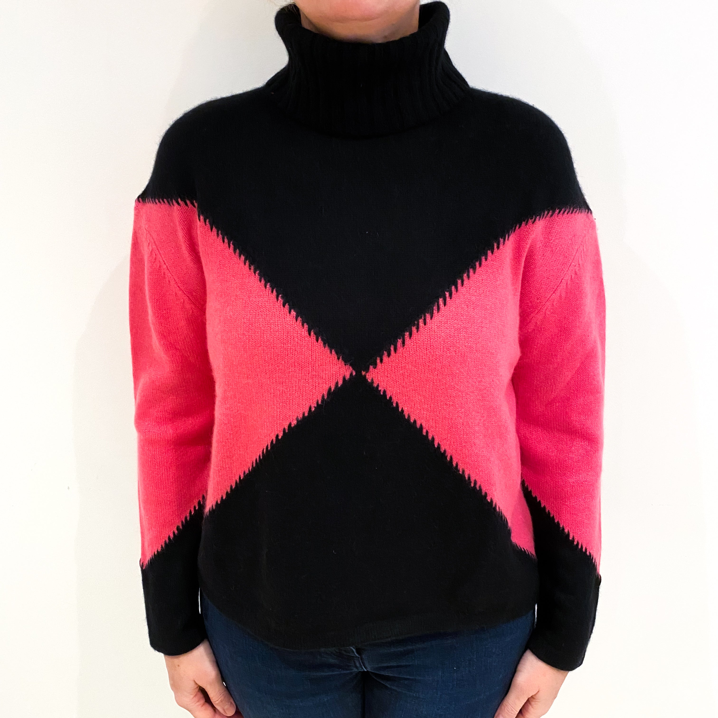 Black and Hot Pink Cashmere Polo Neck Jumper Large