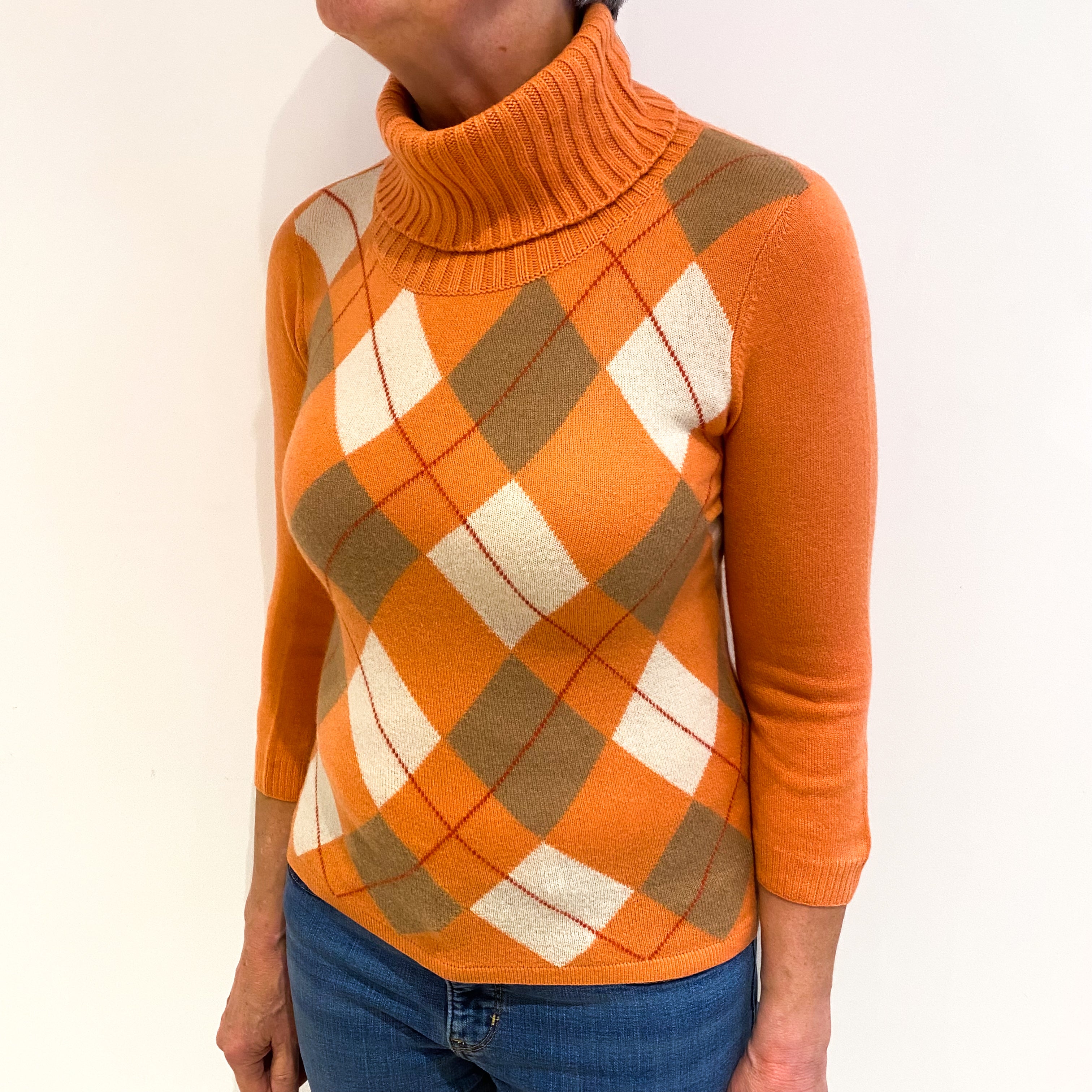 Carol Orange Argyle Cashmere Polo Neck Jumper Medium