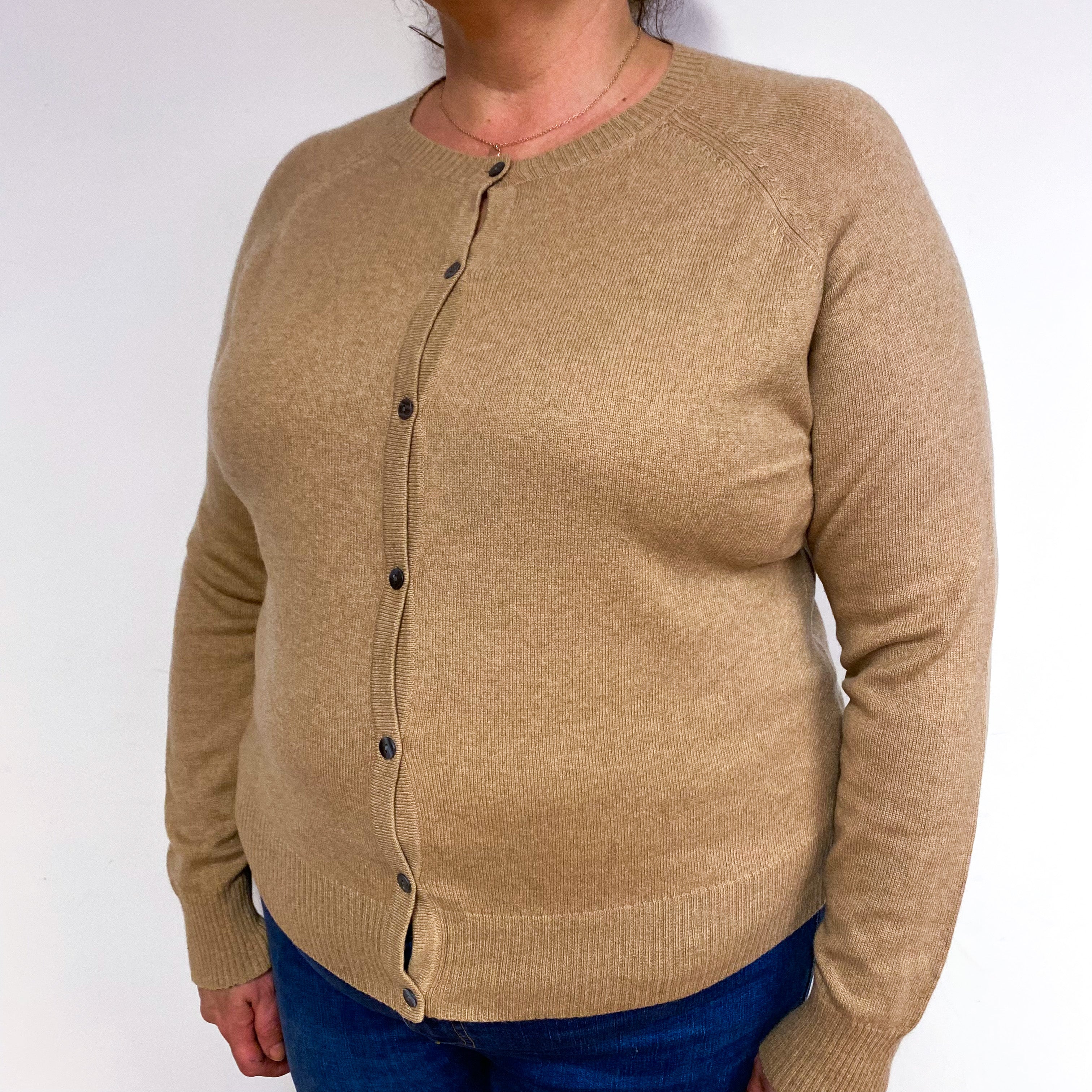 Camel Brown Cashmere Crew Neck Cardigan Extra Large