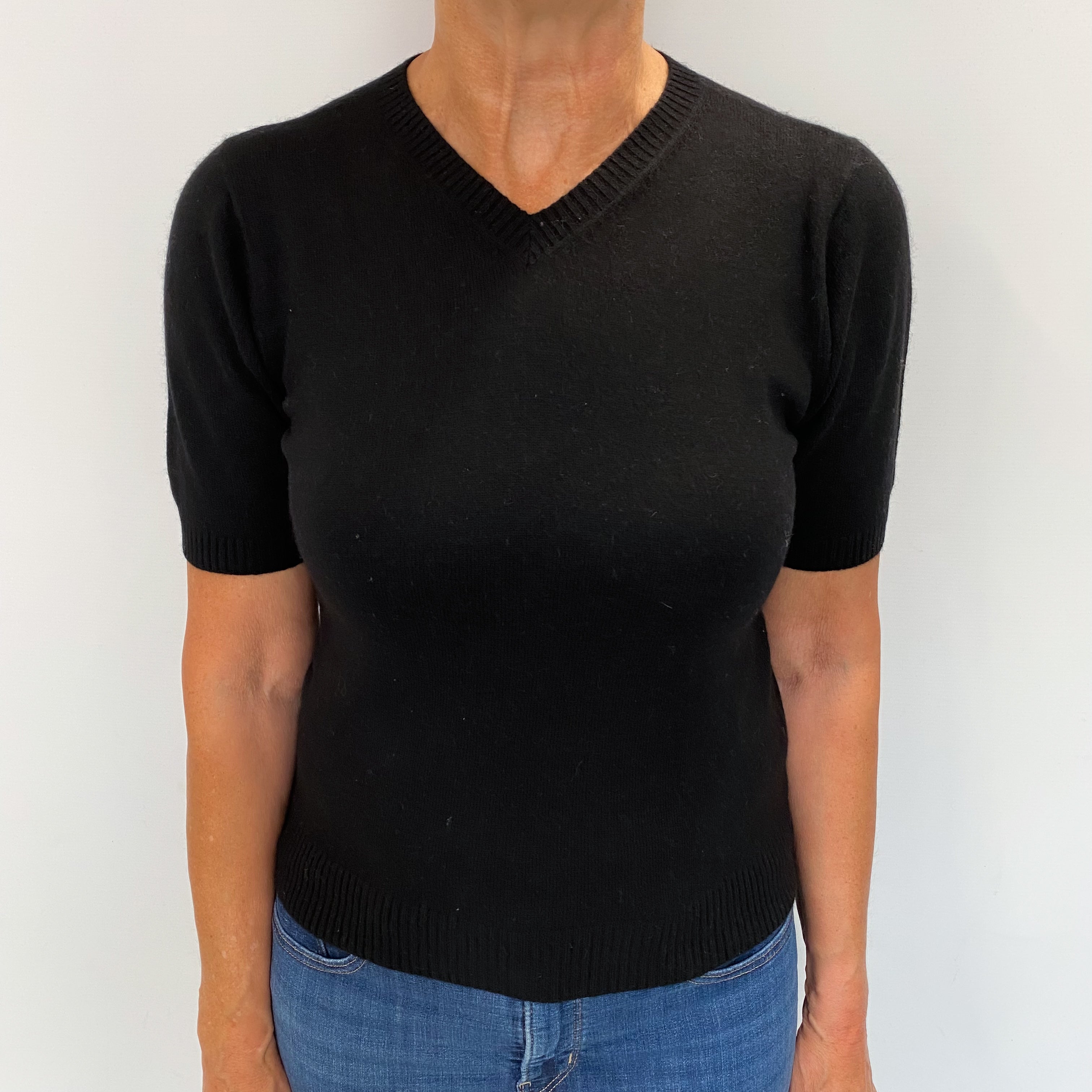 Black Cashmere V Neck Short Sleeved Jumper Medium