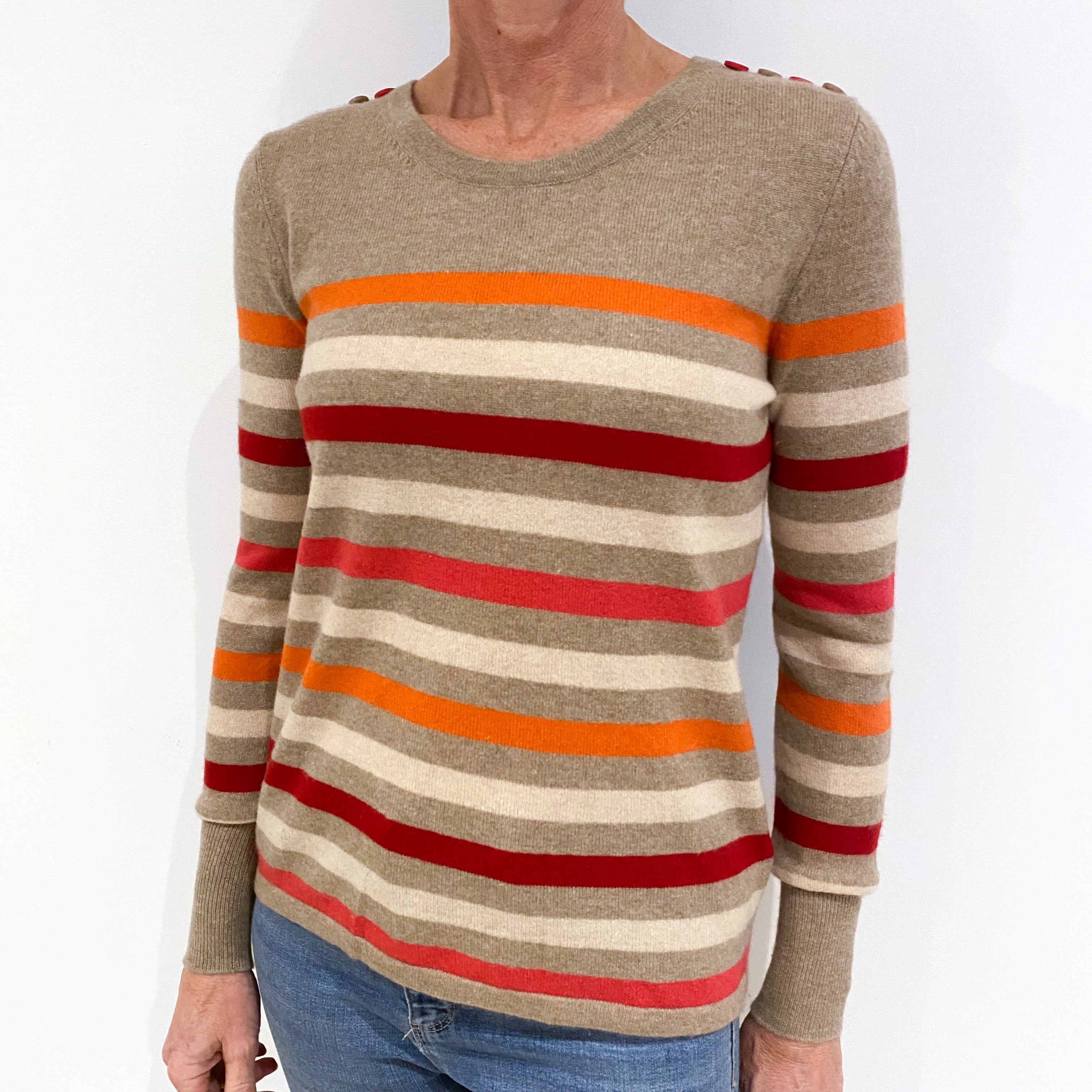 Fawn Colourful Stripe Cashmere Crew Neck Jumper Small