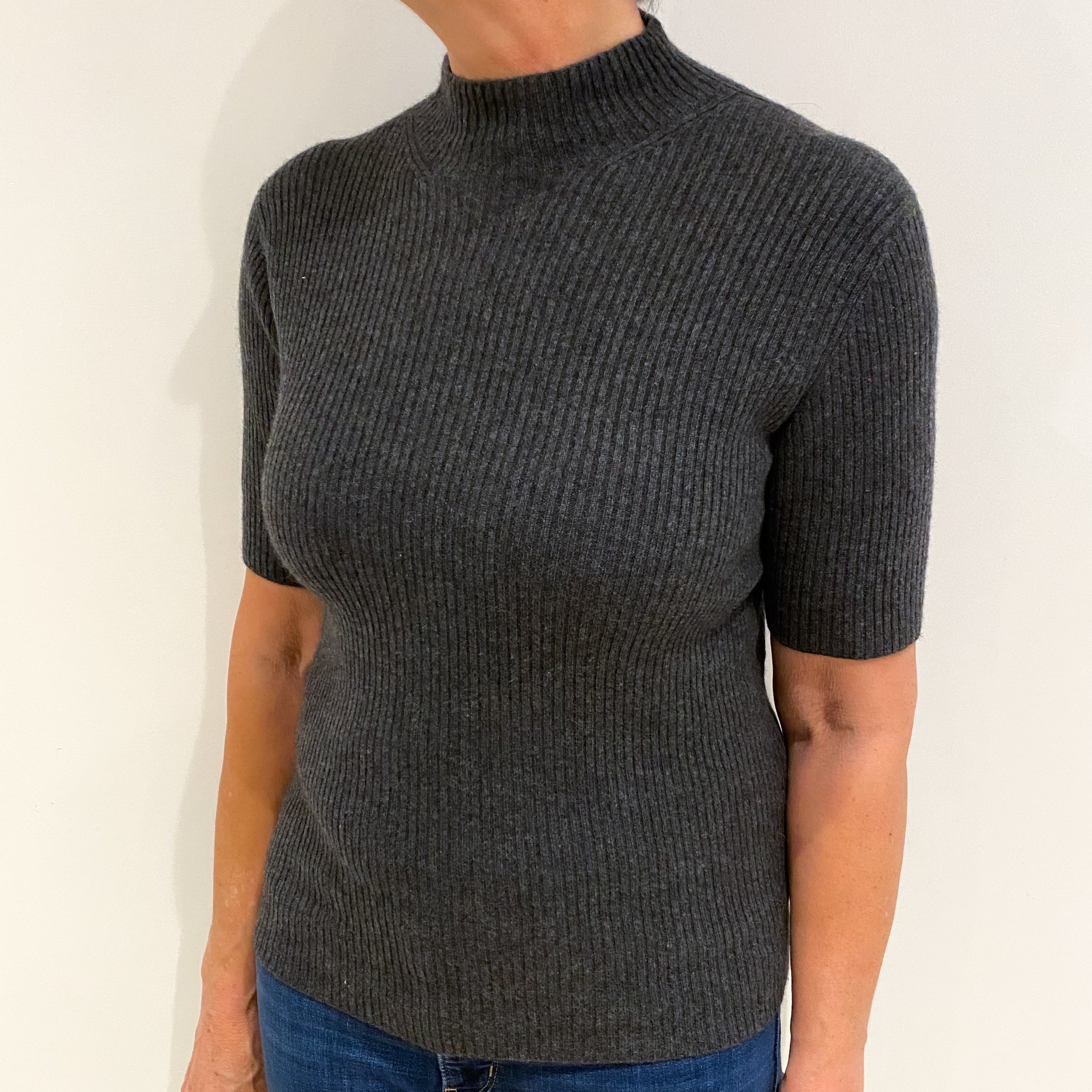 Slate Grey Cashmere Polo Neck Short Sleeved Jumper Medium