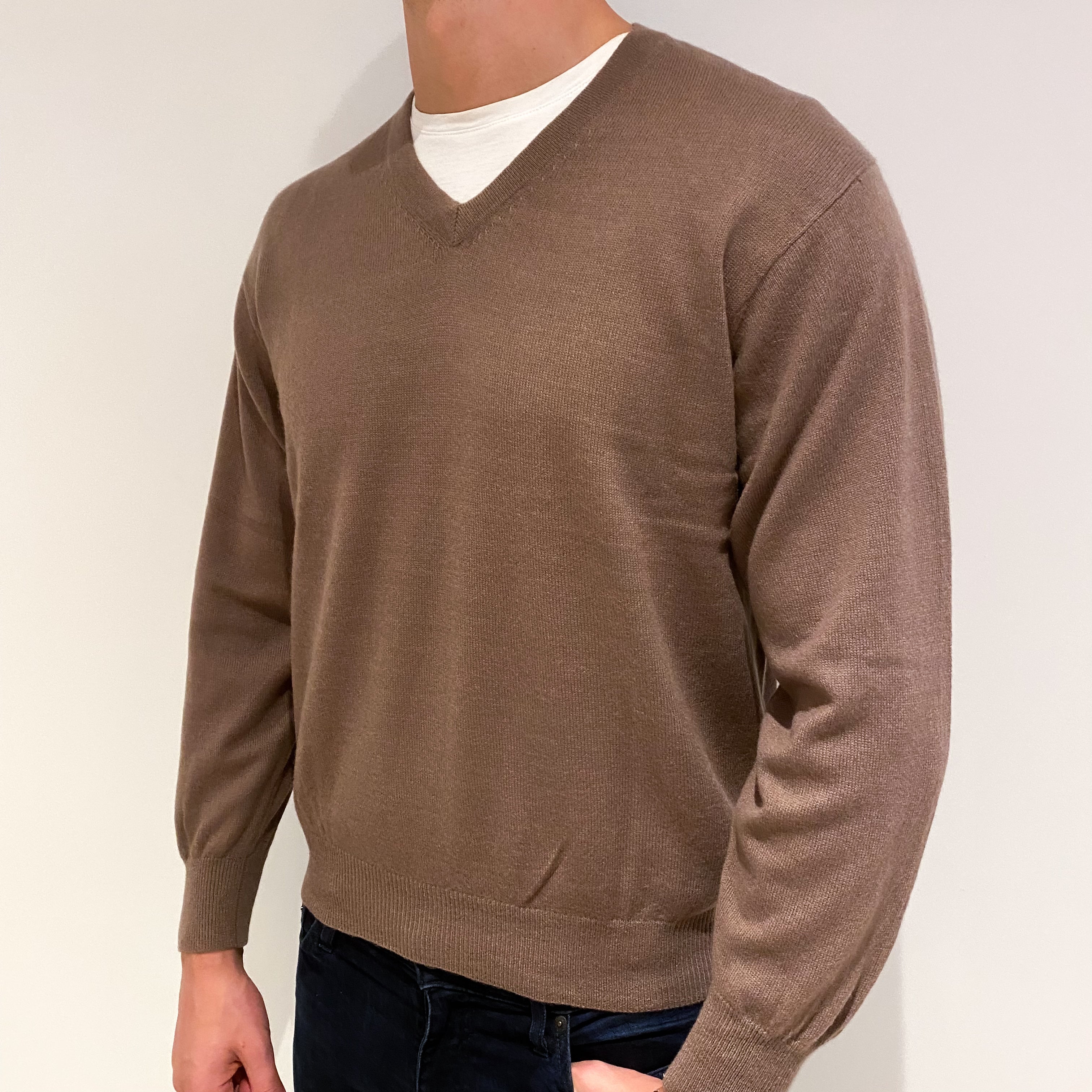 Men's Mocha Brown Cashmere V-Neck Jumper Extra Large