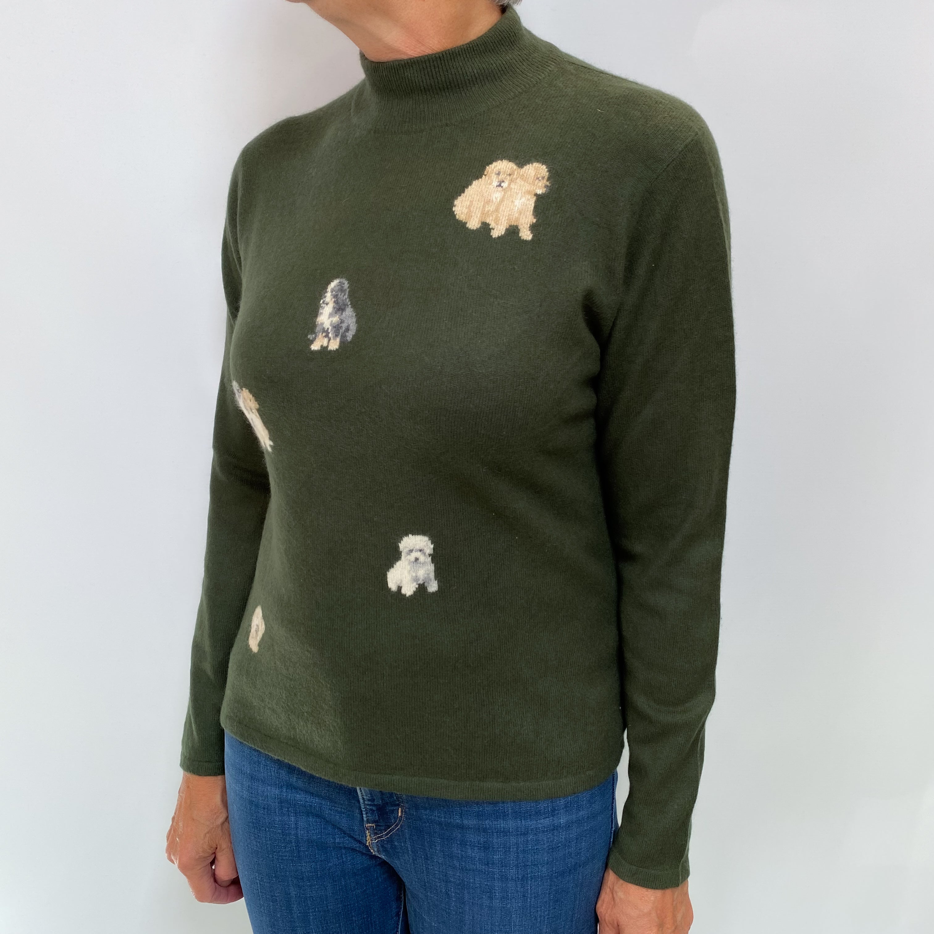Pine Green Puppy Motif Cashmere Turtle Neck Jumper Medium