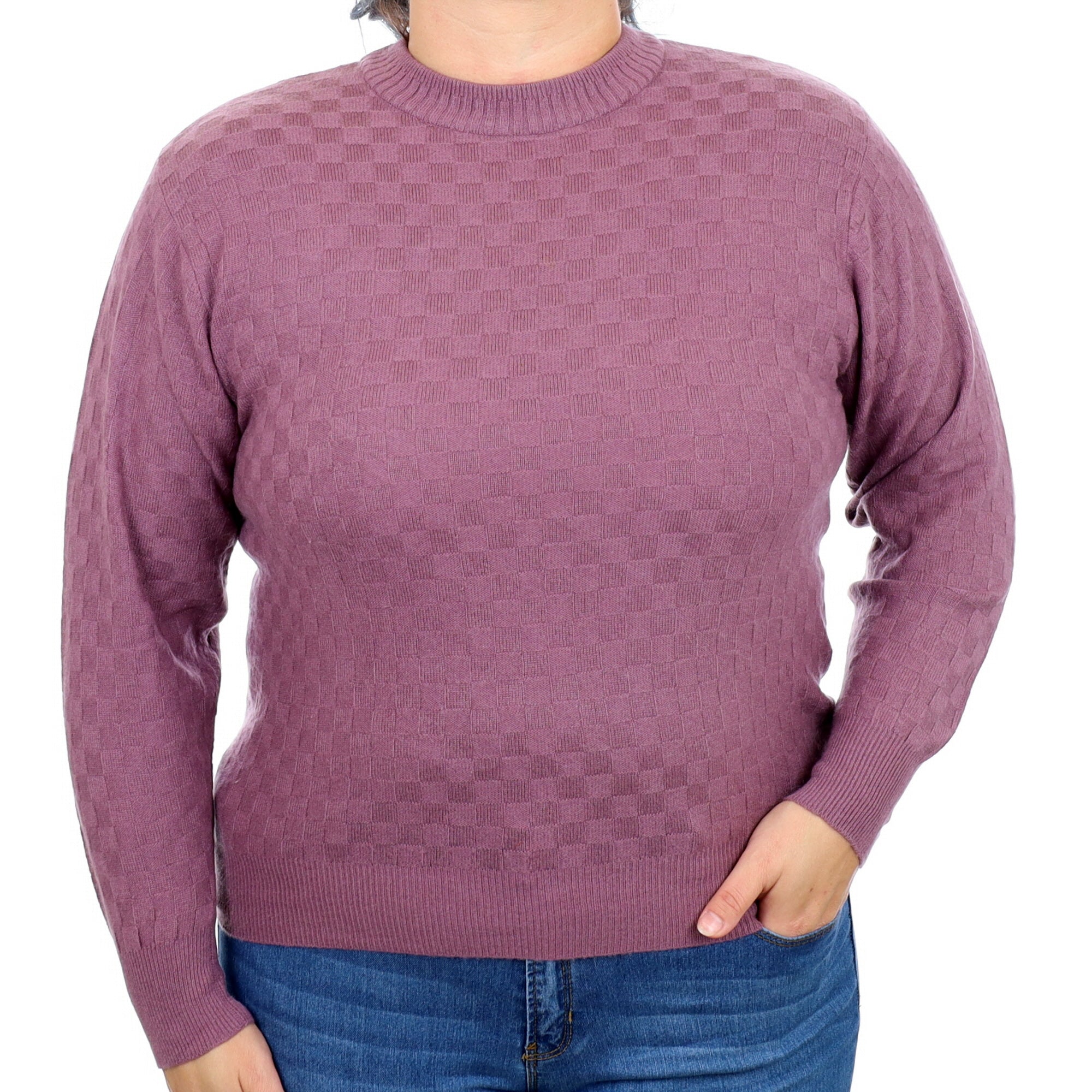 Wisteria Purple Checkered Textured Cashmere Crew Neck Jumper Large