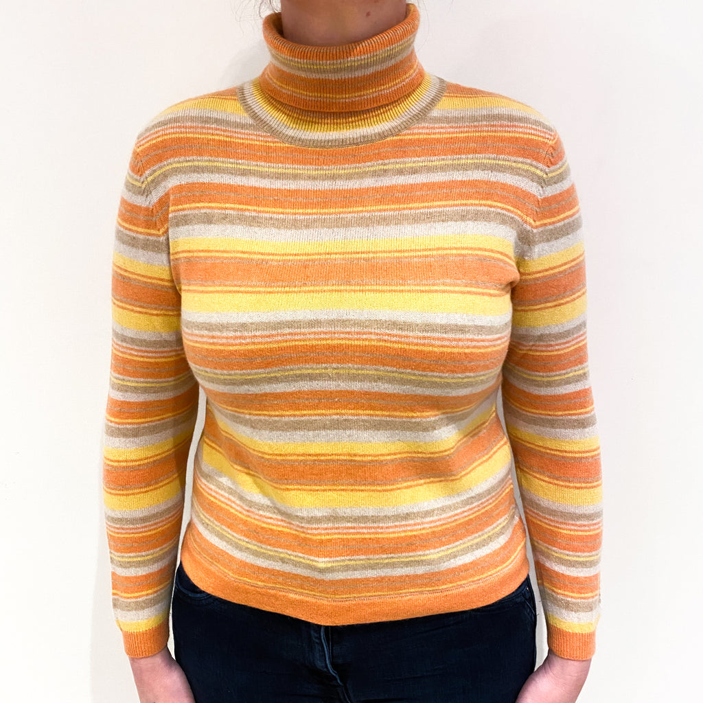 Orange and Yellow Stripe Cashmere Polo Neck Jumper Large