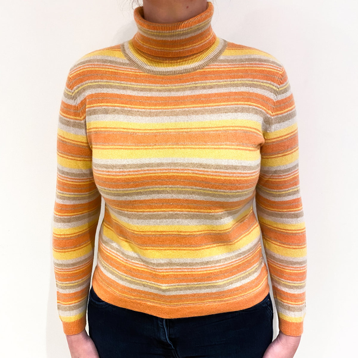Orange and Yellow Stripe Cashmere Polo Neck Jumper Large