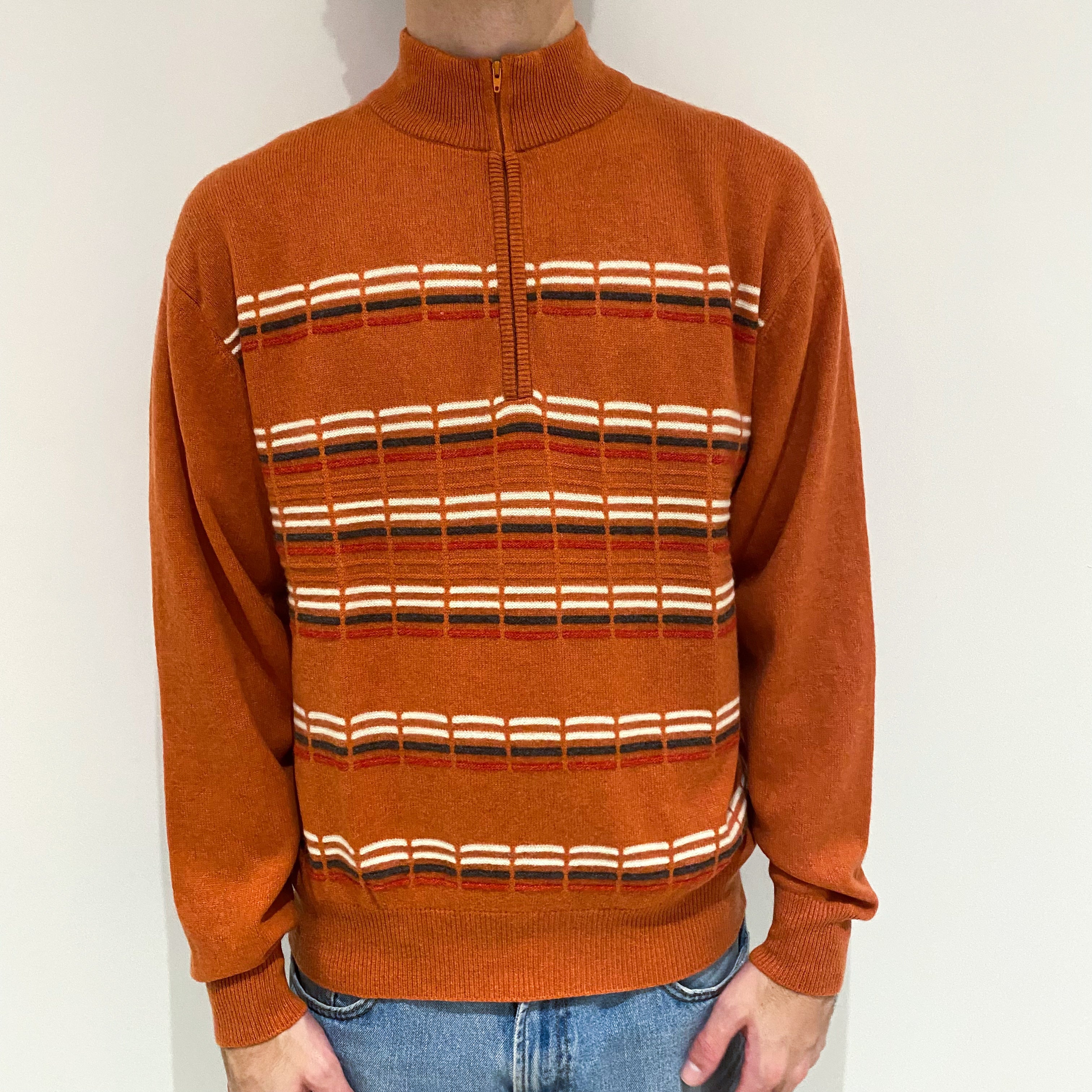 Men's Pumpkin Orange Stripe Cashmere 1/4 Zip Jumper Large