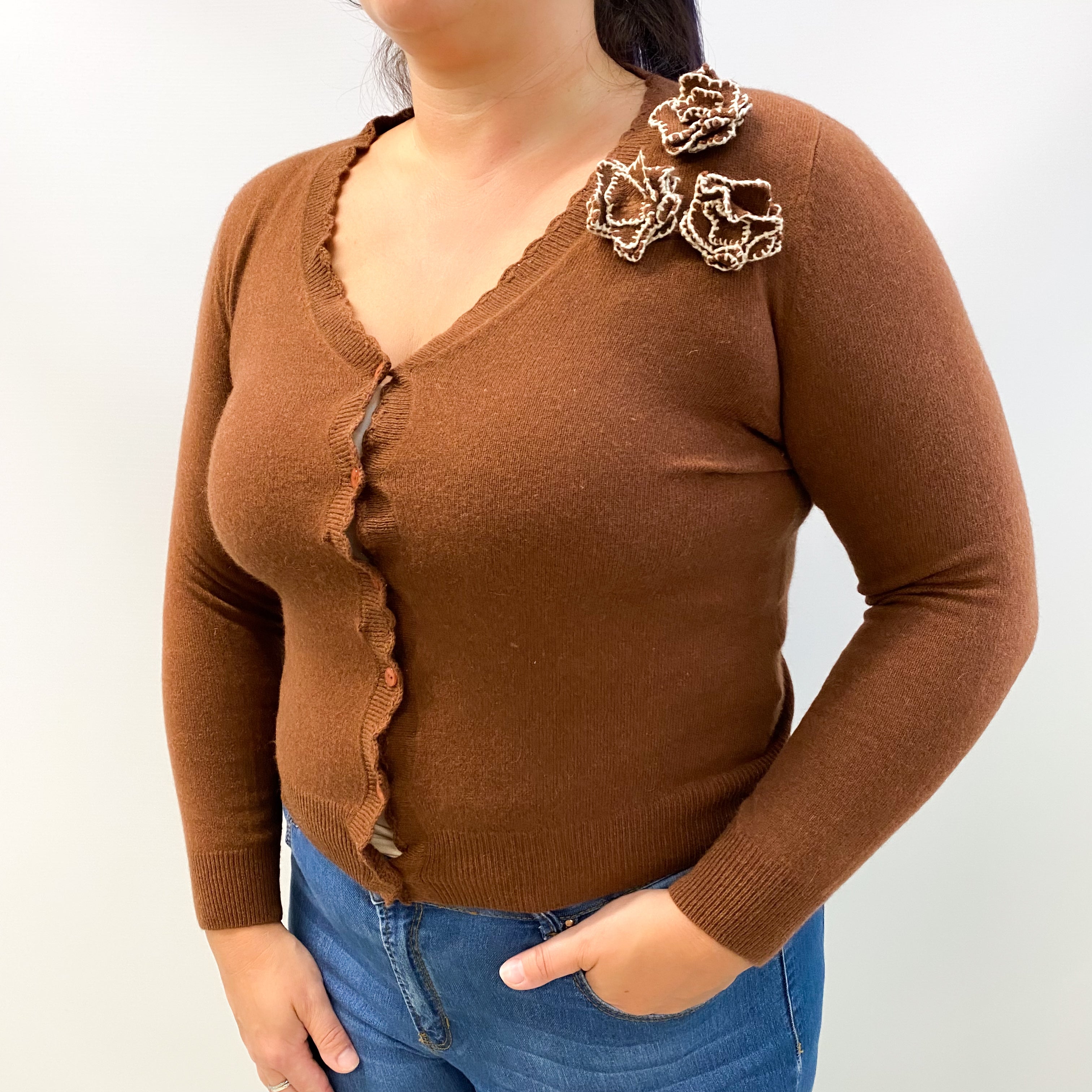 Chestnut Brown Cashmere V Neck Cardigan Large