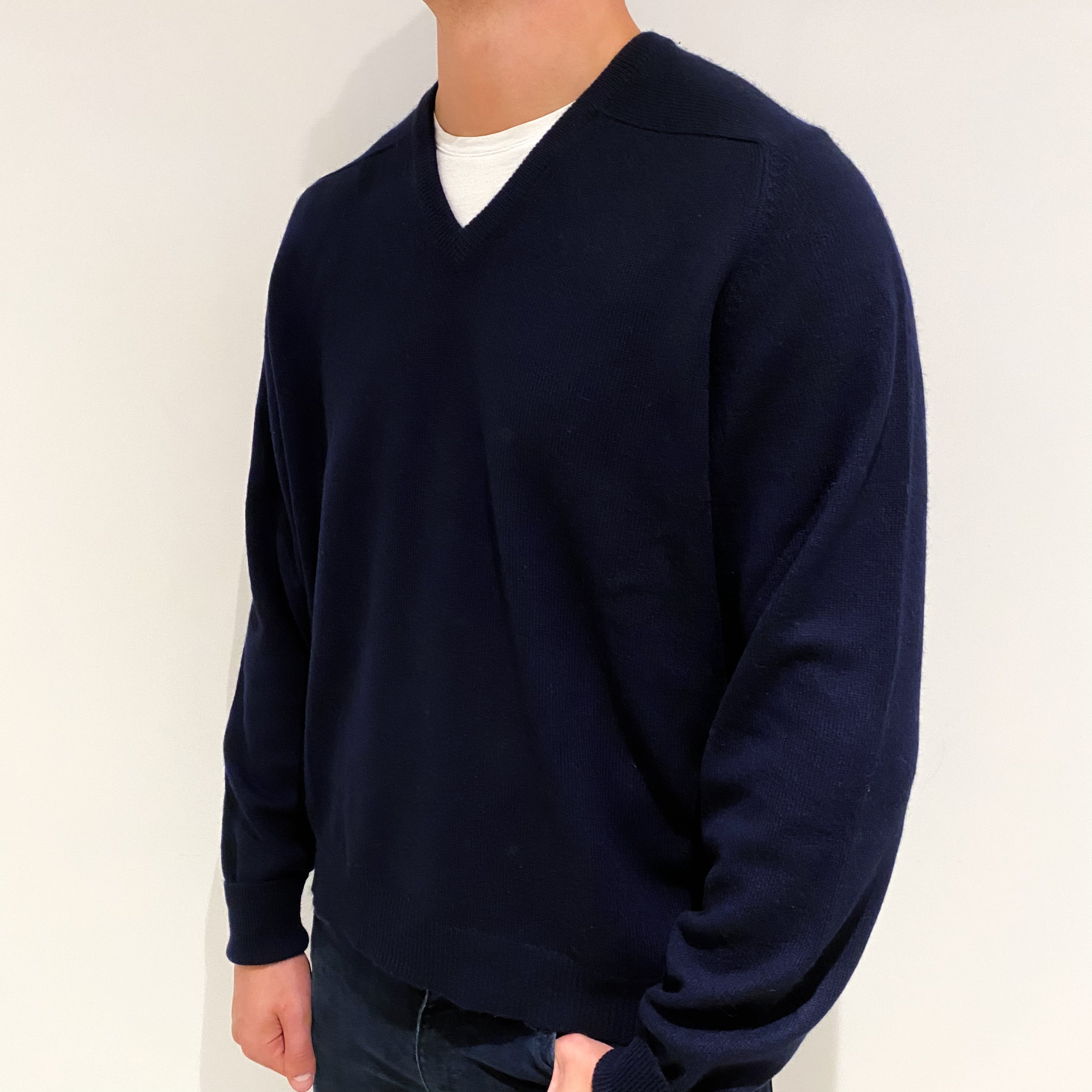 Men's Navy Blue Cashmere V-Neck Jumper Extra Large
