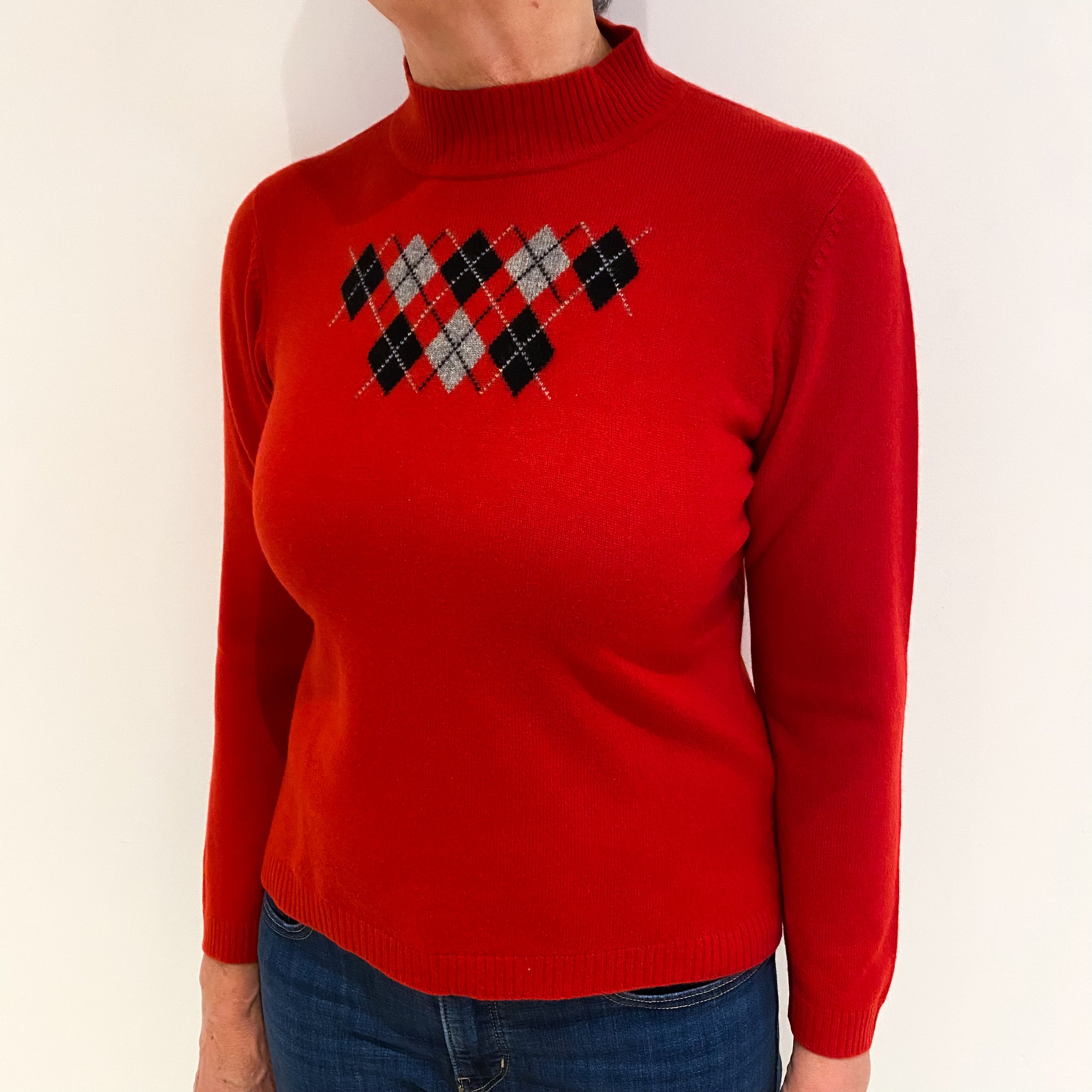 Spanish Red Black Diamond Cashmere Turtle Neck Jumper Medium