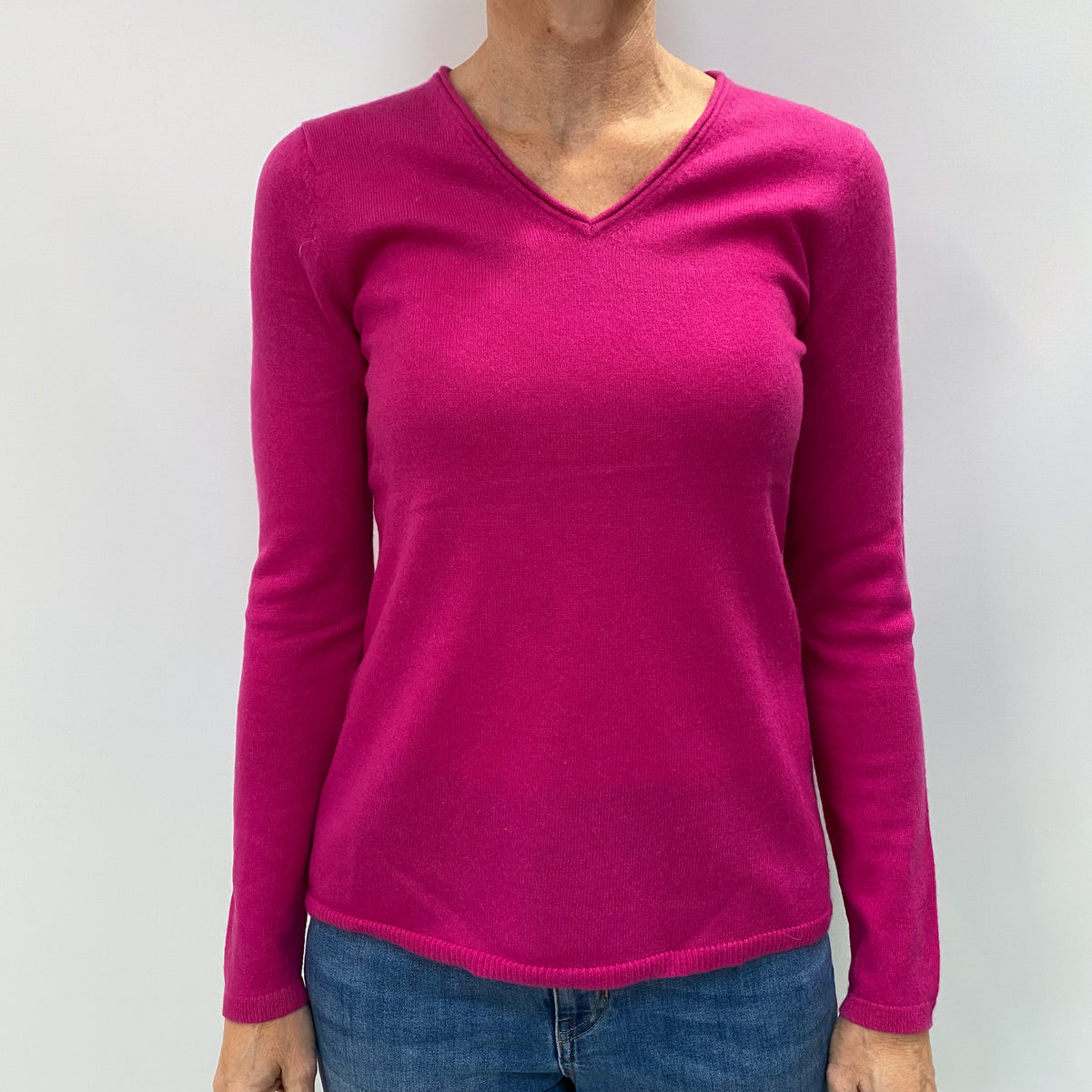 Fuchsia Pink Cashmere V Neck Jumper Small