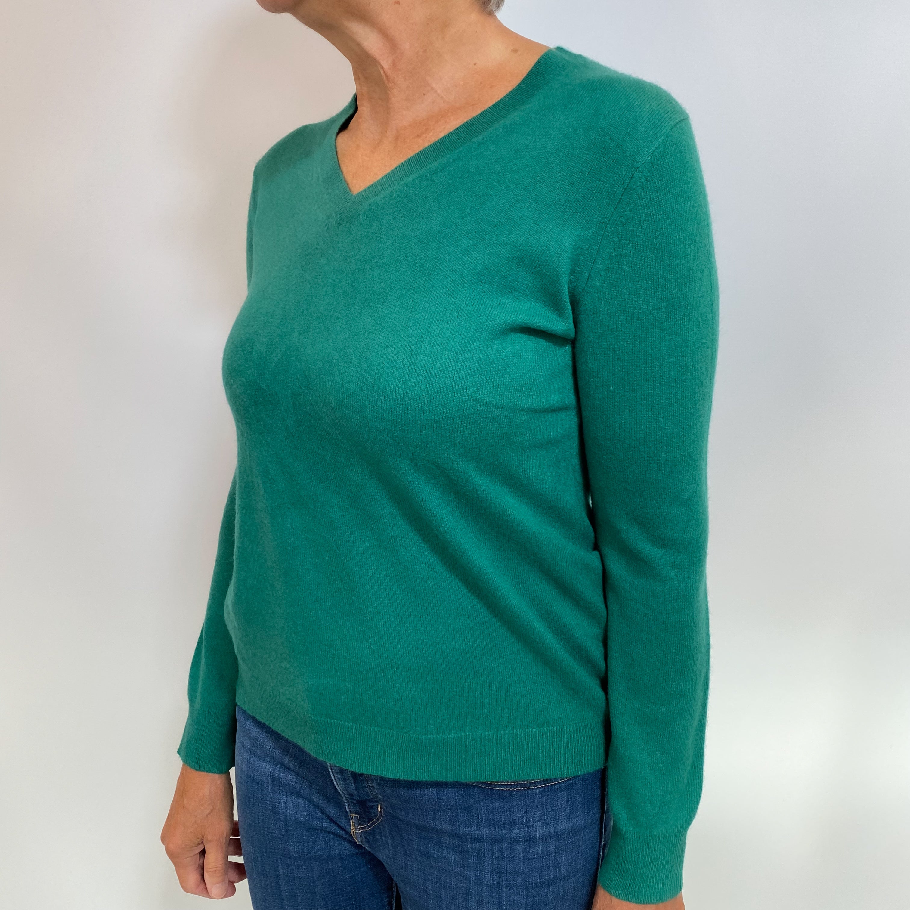 Shamrock Green Cashmere V Neck Jumper Medium