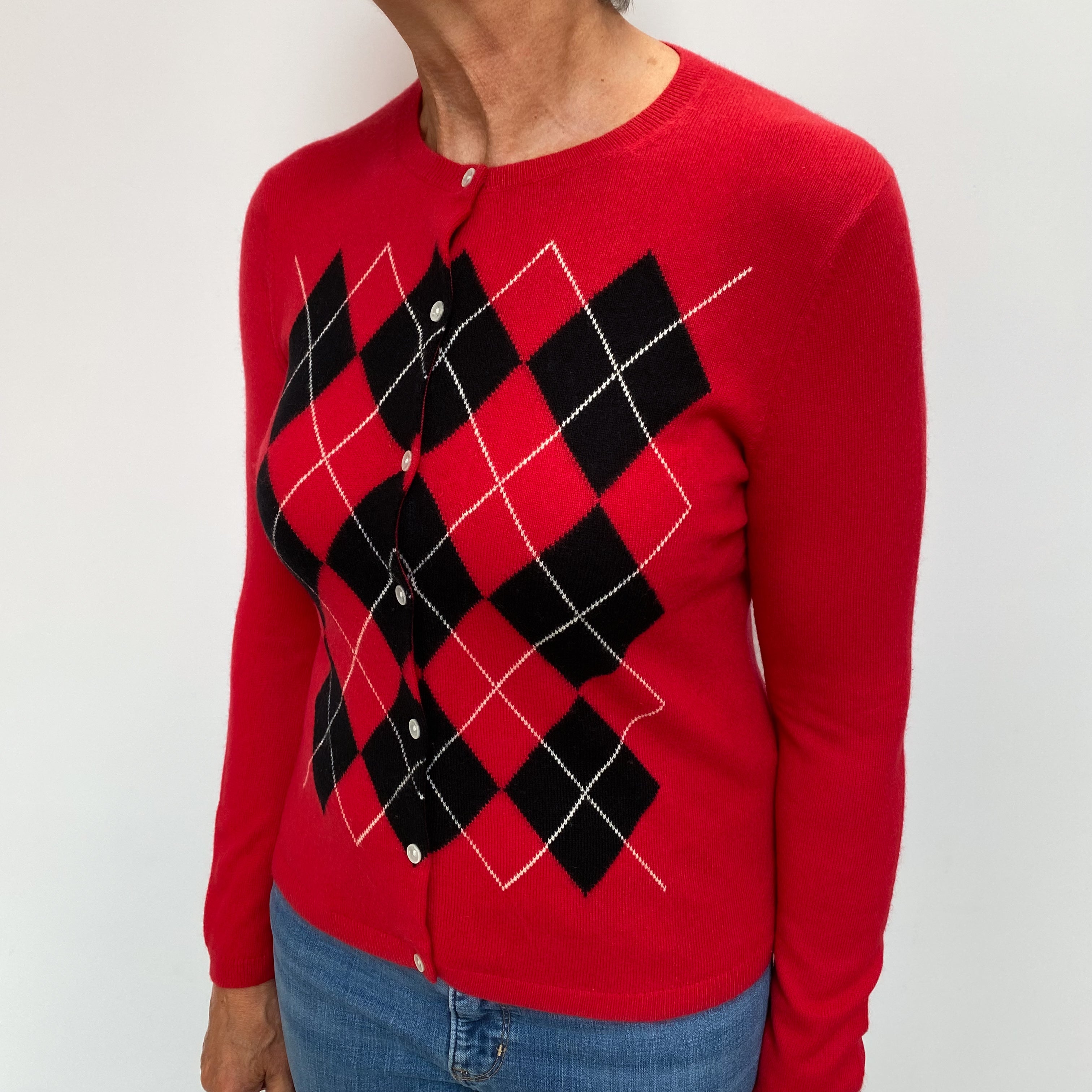 Scarlet Red Argyle Cashmere Crew Neck Cardigan Medium