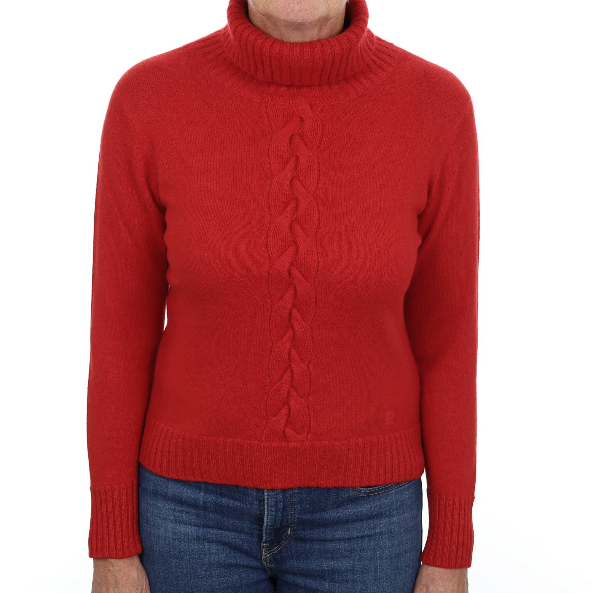 Scarlet Red Cable Detail Cashmere Polo Neck Jumper Medium