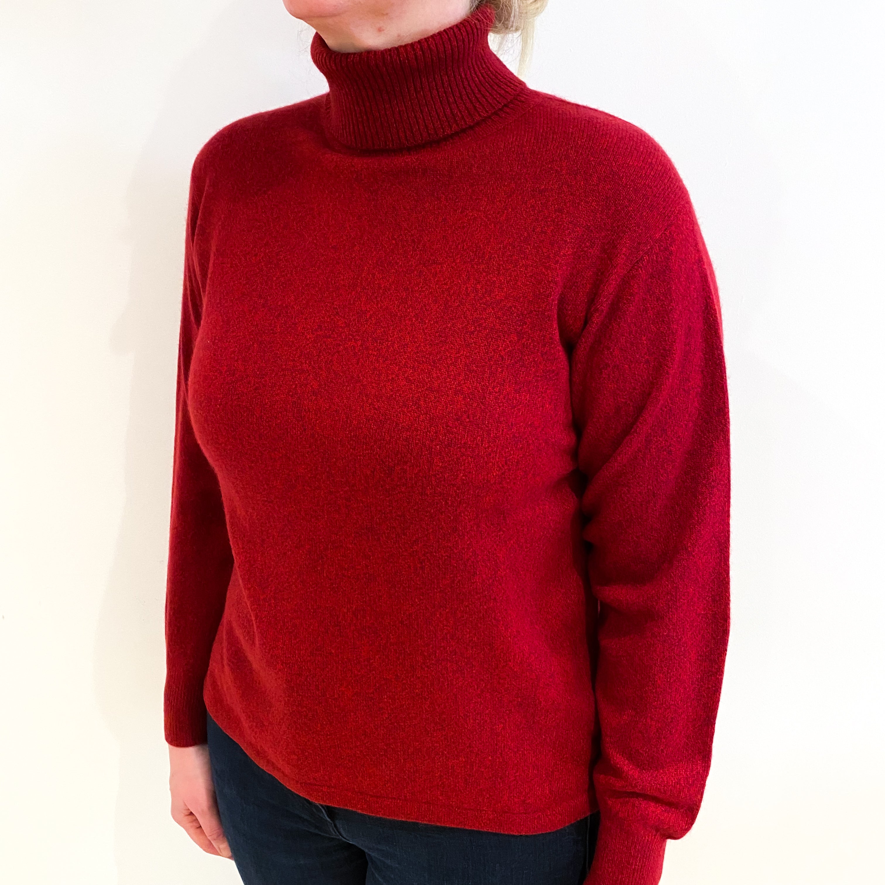 Crimson Red Marl Cashmere Polo Neck Jumper Large