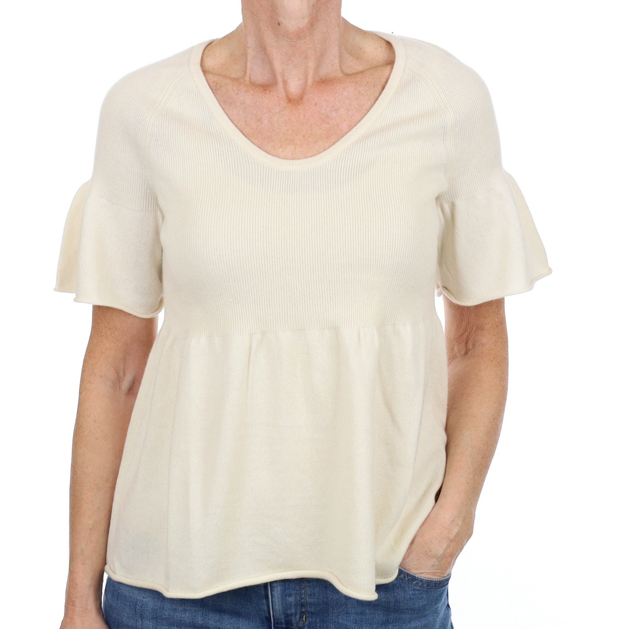 Vanilla Cream Cashmere Short Sleeved V Neck Jumper Small
