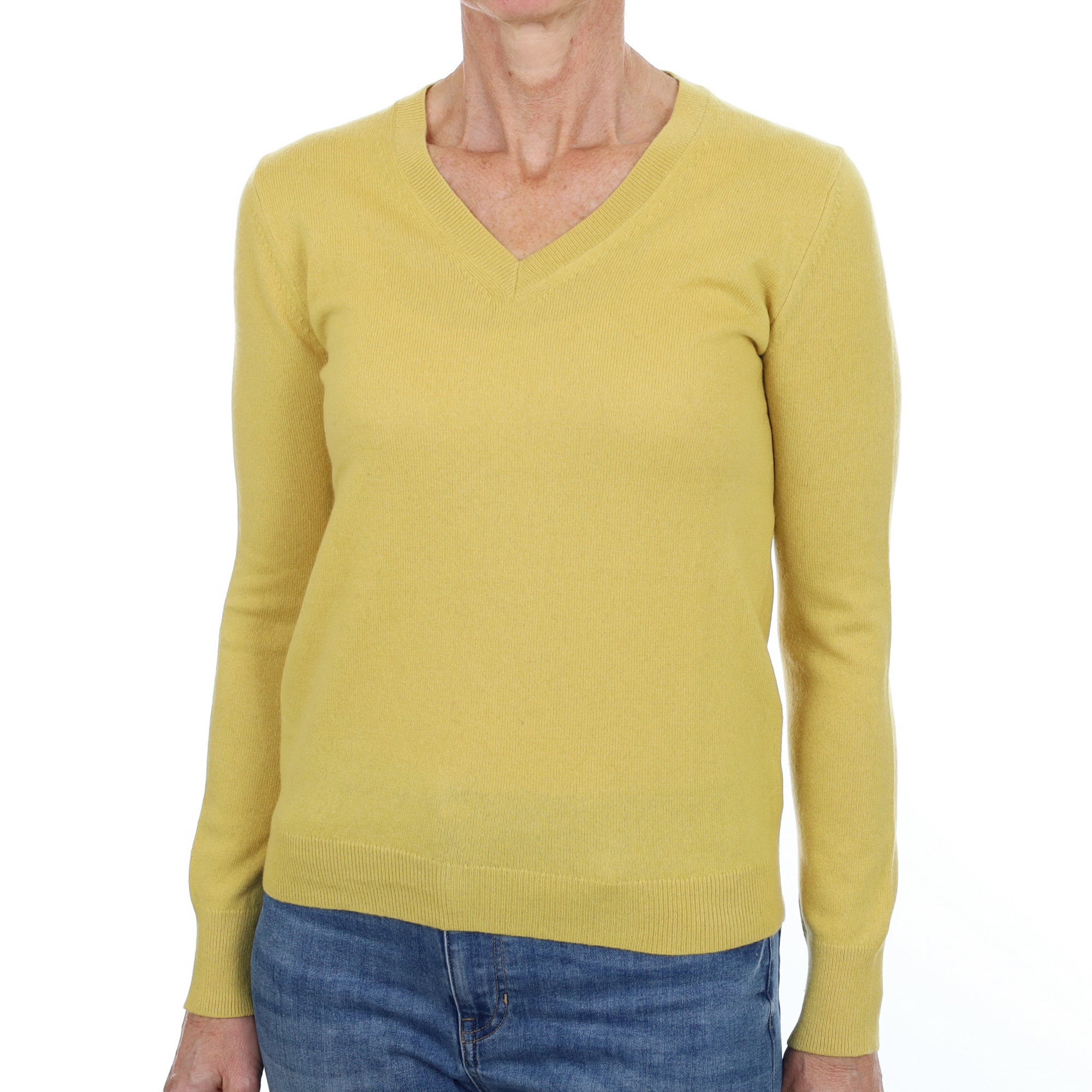 Flaxen Yellow Cashmere V Neck Jumper Small